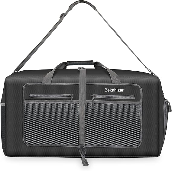 Travel Duffle Bag 60L Lightweight Foldable Holdall Duffels Large Weekend Overnight Bag Packable Carry On Luggage with Shoe Compartment for Men Women Camping Storage Gym Beach (Black)