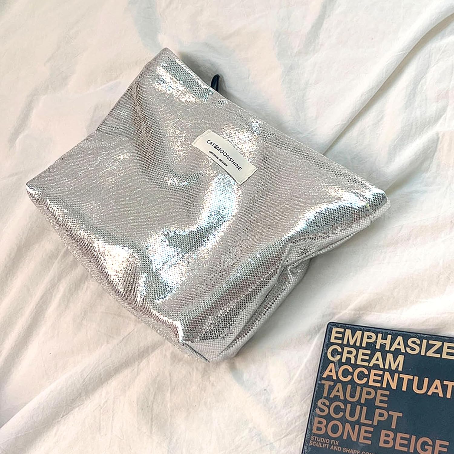 Makeup Bag Cosmetic bag Silver Preppy Canvas Toiletry Bag for women Cute zipper pouch Organizer Travel accessories (Shiny Silver, Large) - Image 4