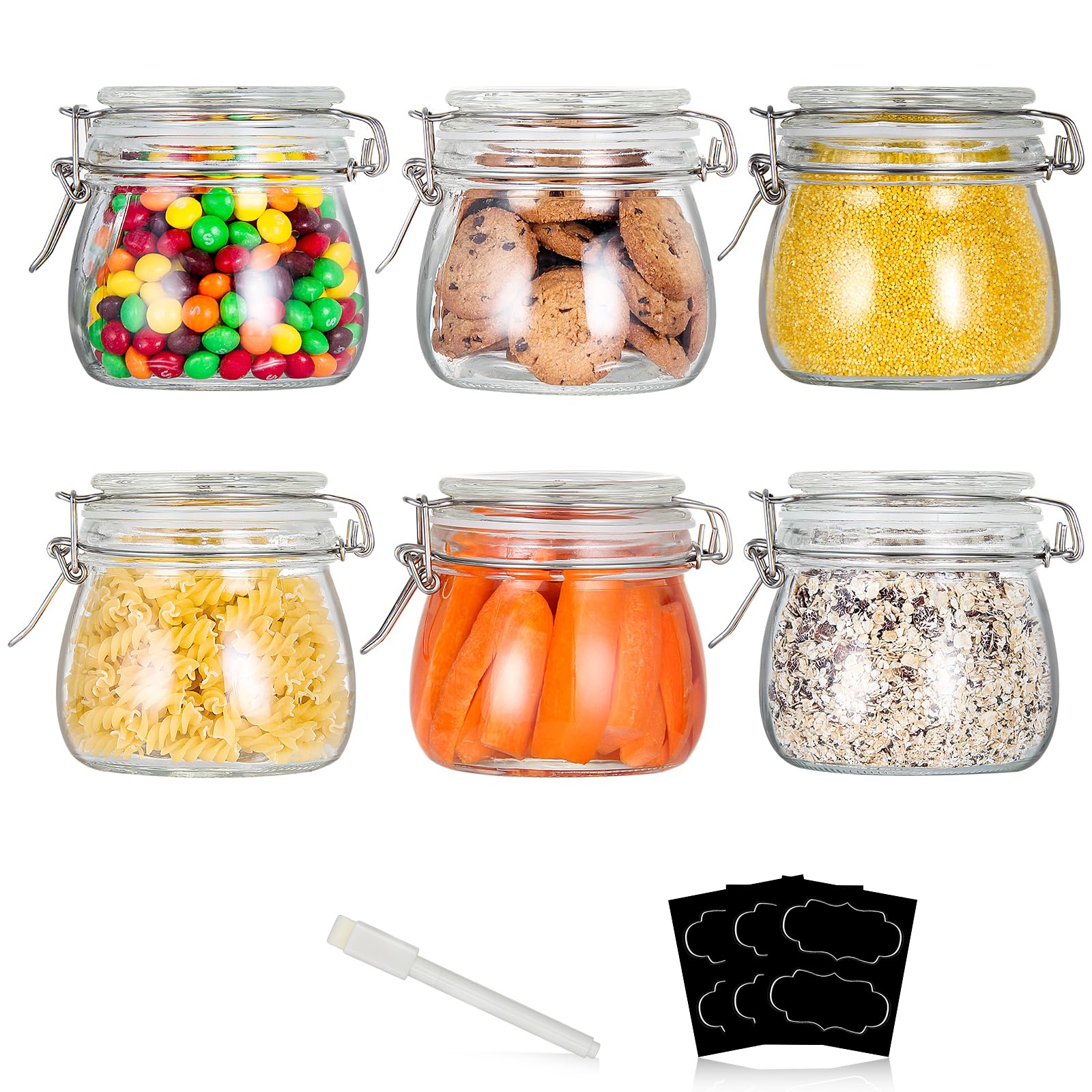 16oz Food Storage Canister Glass Jars with Clamp Airtight Lids and Silicone Gaskets for Multi-Purpose Kitchen Containers - Clear Round (6 Pack)