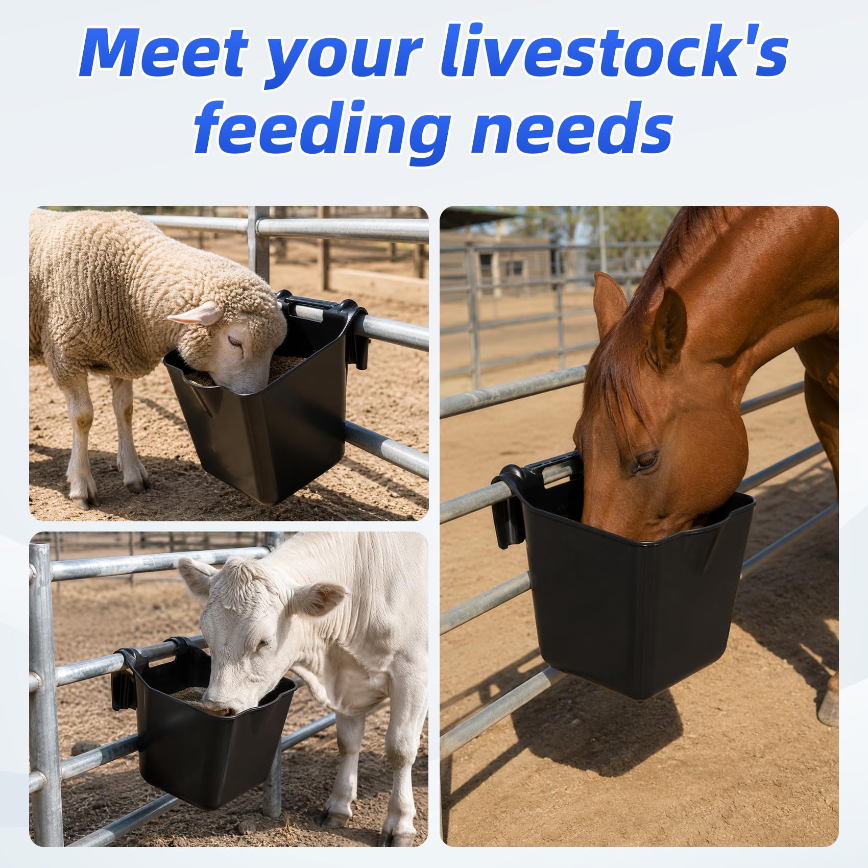 Secchio per mangime per cavalli da 15 litri, in plastica resistente, nero, confezione da 6, vasche multiuso per acqua e mangime per cavallo, pony, capra, uso stabile