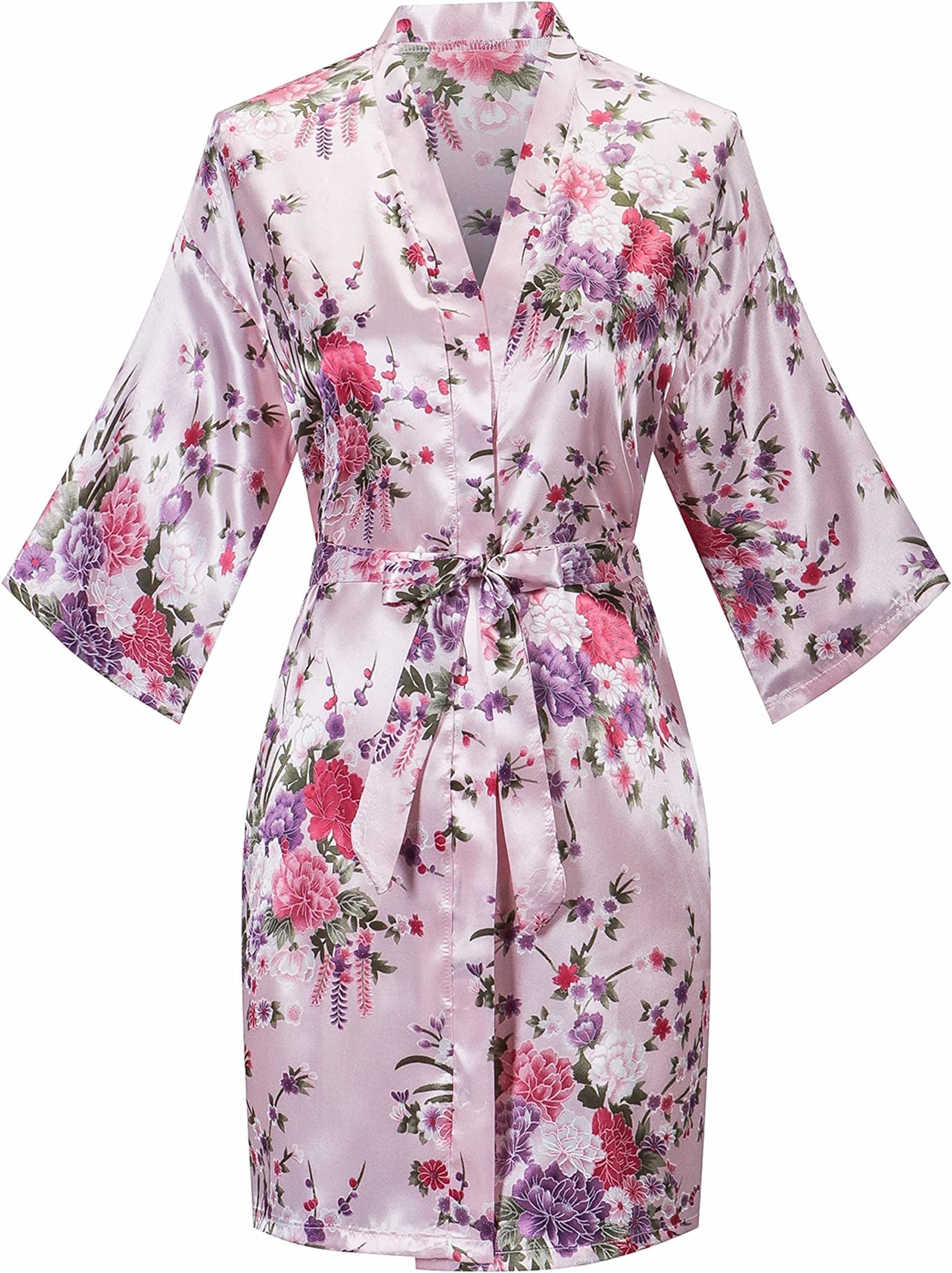 YINGER Women's Floral Satin Robe Silky Kimono Bathrobes Short Bridesmaid Sleepwear for Wedding Party
