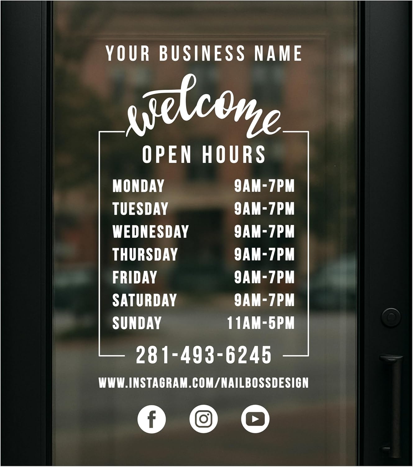 Customizable Storefront Business Hours Decal - Vinyl Window and Wall Sticker with Hours of Operation and Social Media Icons - Commercial Grade, Weather-Resistant Door Window Sign