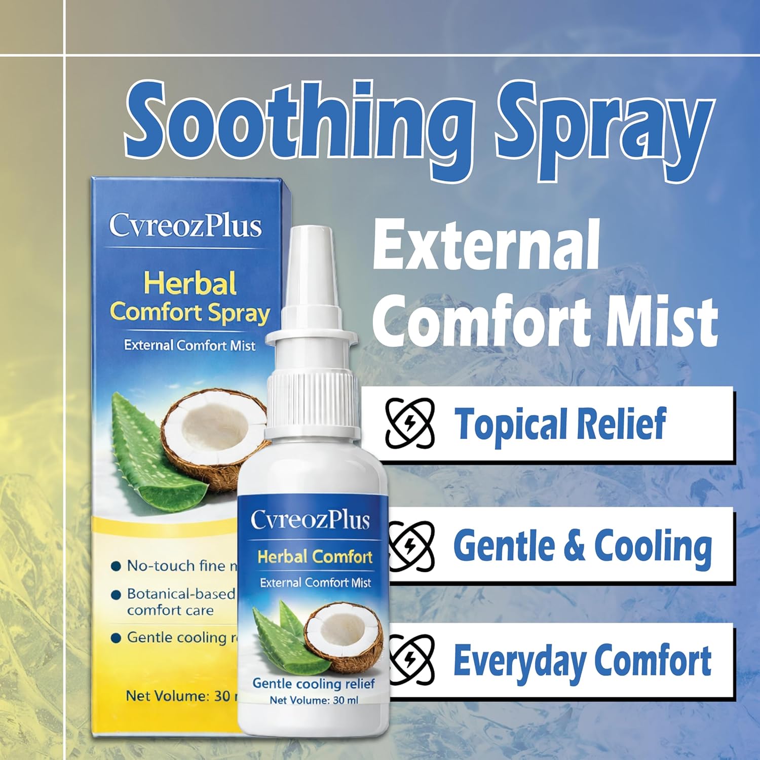 Cvreoz Plus Herbal Hemorrhoid Soothing Spray - 30ml. A Cooling Spray for External Use, Containing Aloe Vera and Coconut Extracts to Soothe Skin Without Contact, Suitable for Daily Skincare.