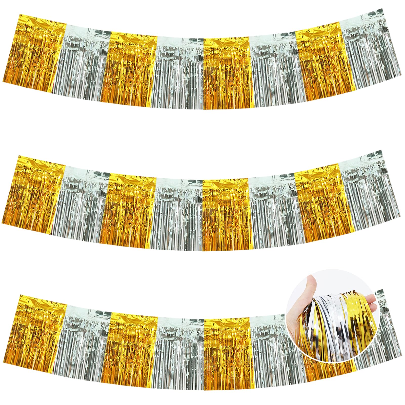 BEISHIDA 3 Pack Gold Silver Foil Fringe Garland 30ft Wall Tinsel Banner