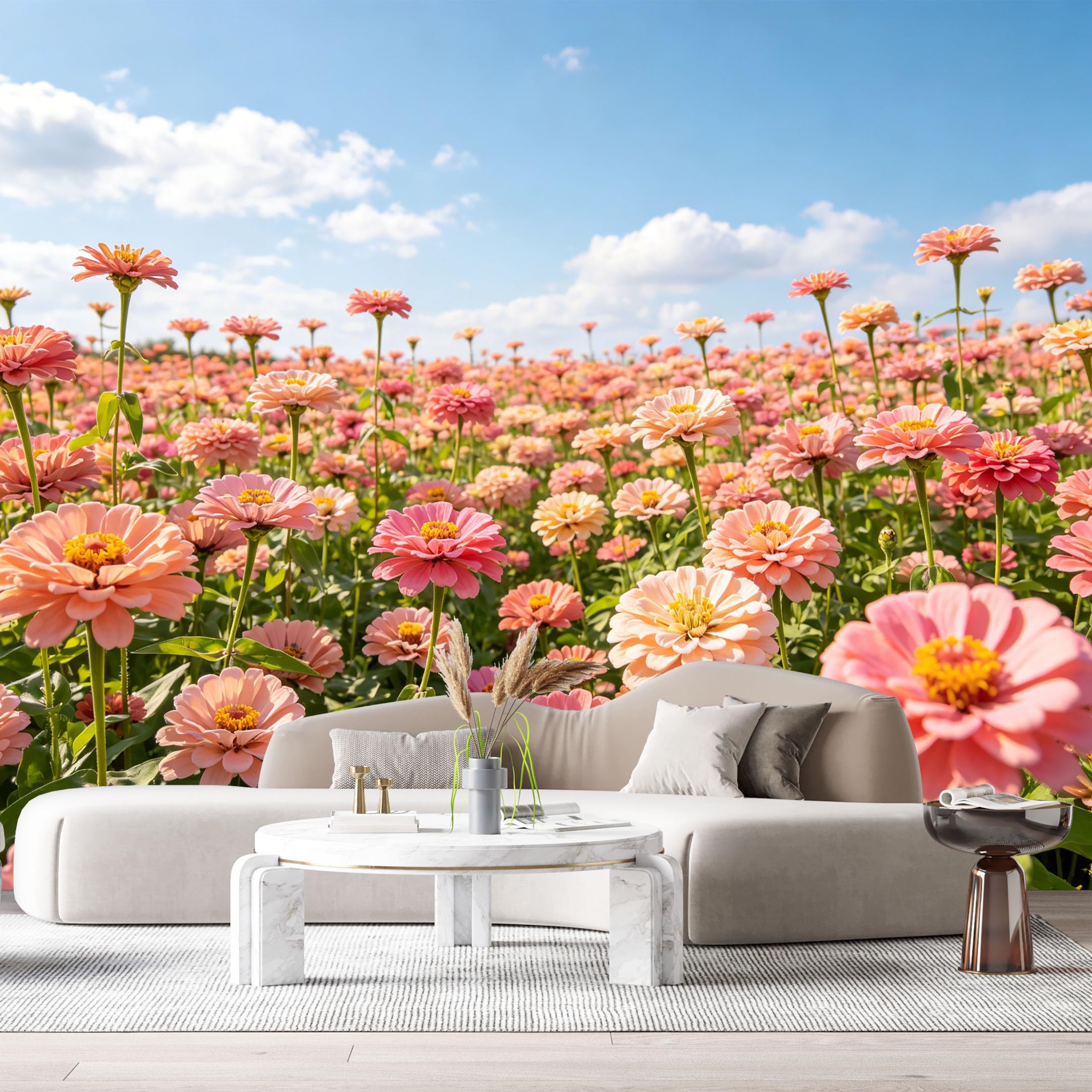 Custom Size Wall Murals Blooming Field Botanical Watercolor Pink Zinnia Flowers Blue Sky SelfAdhesive Wall Fabric Removable Large Wallpaper for Photo Living Room