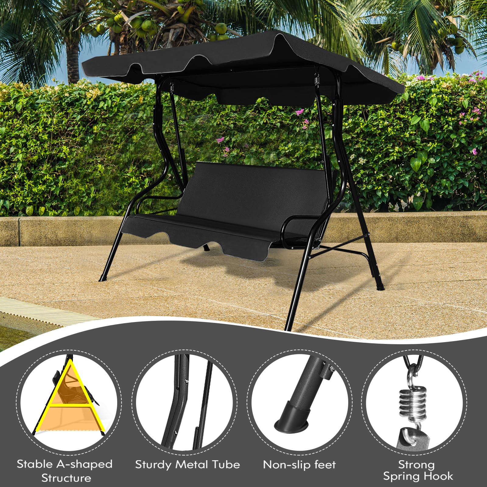 KOMFOTTEU Dondolo da Giardino 3 Posti, Dondolo da Esterno in Metallo con Tetto Parasole Regolabile e Schienale, Dondolo da Balcone, per Patio, Terrazzo, Balcone, 172 x 110 x 154 cm (Nero)