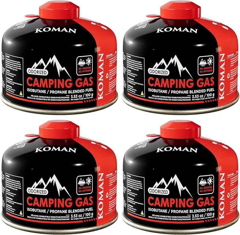 KOMAN Recipiente de combustible de isobutano, 3.53 oz, combustible para estufa de camping, mezcla de butano y propano, recipiente de gas para combustible de camping, recipiente de combustible de butano, combustible para estufa de mochilero (paquete de 4)