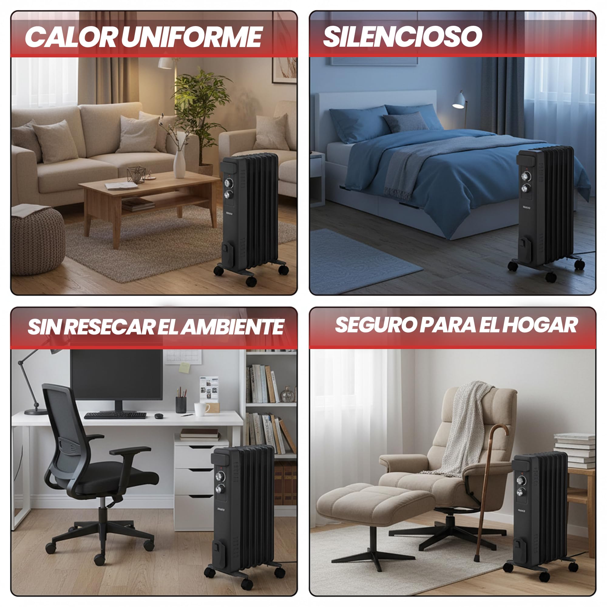 Sogo RADIADOR para hogar Estufa de Aceite de alta eficacia 7 ELEMENTOS – 1500W Negro, con ruedas (SS-18455)