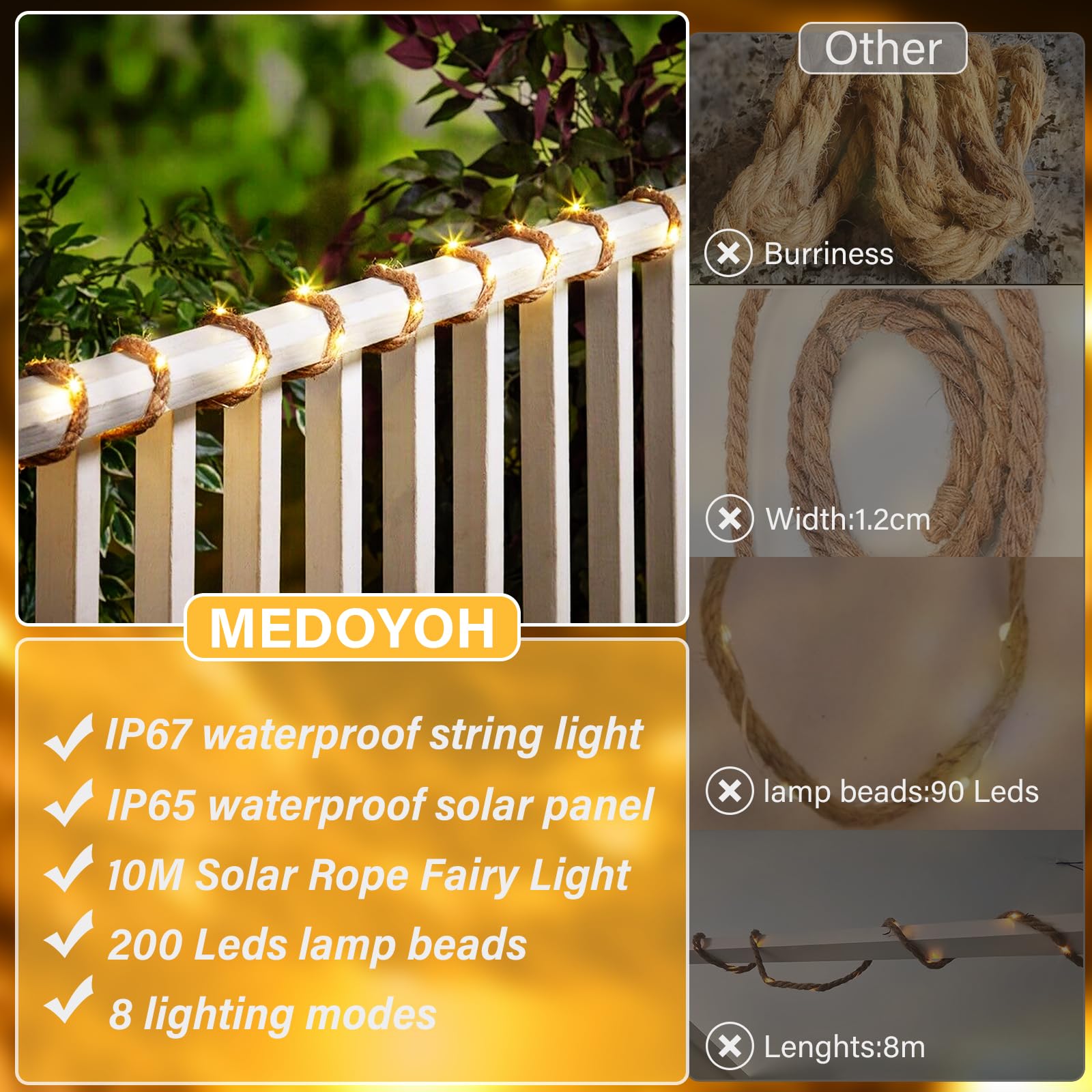 10M Seil Lichterkette Innen 200 LED Hanfseil Lichterkette Batterie Power Rope Licht Wasserdicht für Garten Terrasse Balkon Schaukel Stamm Dekor