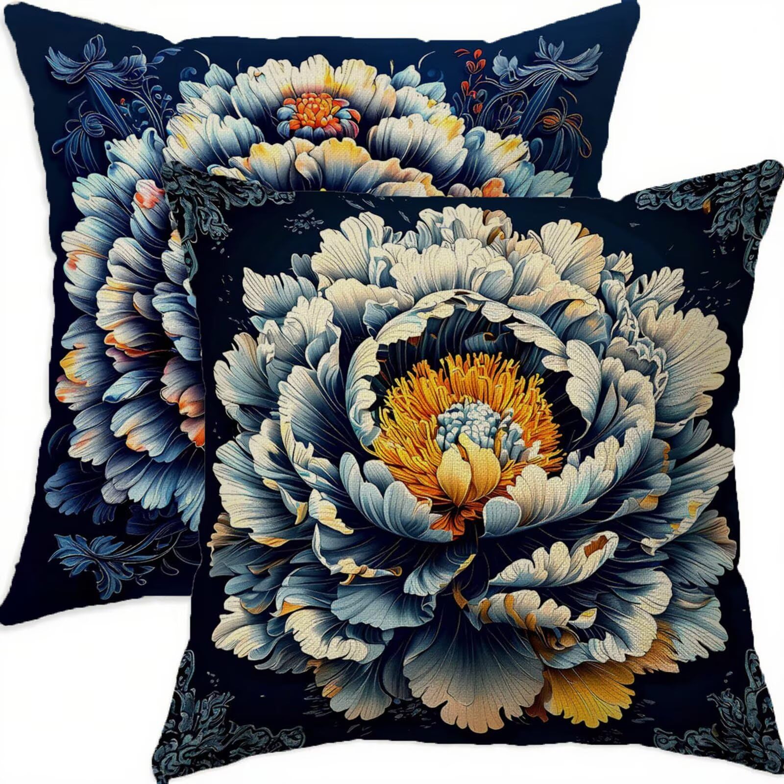 Housse coussin 80x80cm vintage bleu en lin imperméable | Lot de 2 taies d'oreiller de salon