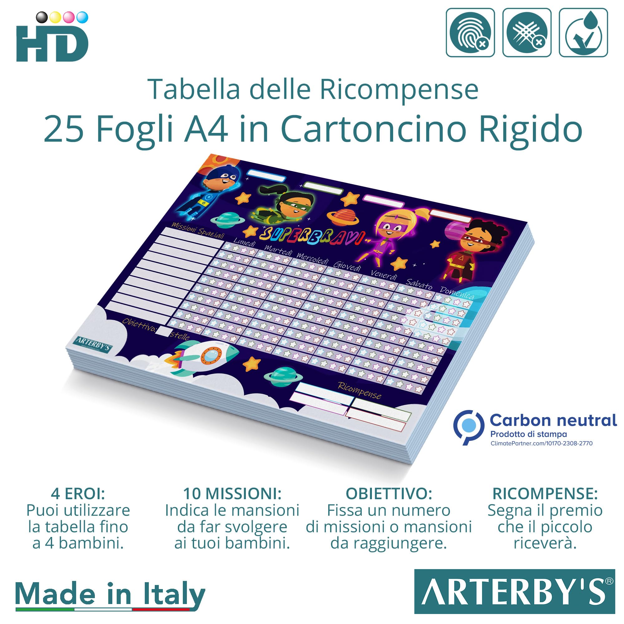 Arterby's® - Tabella delle Ricompense – 25 Fogli A4 in Cartoncino Rigido ECO e 280 Adesivi Stelle 4 Colori – Tabellone Attività Risultati Motivare Psicomotricità Bambini (Italiano, SUPEREROI - COL001)
