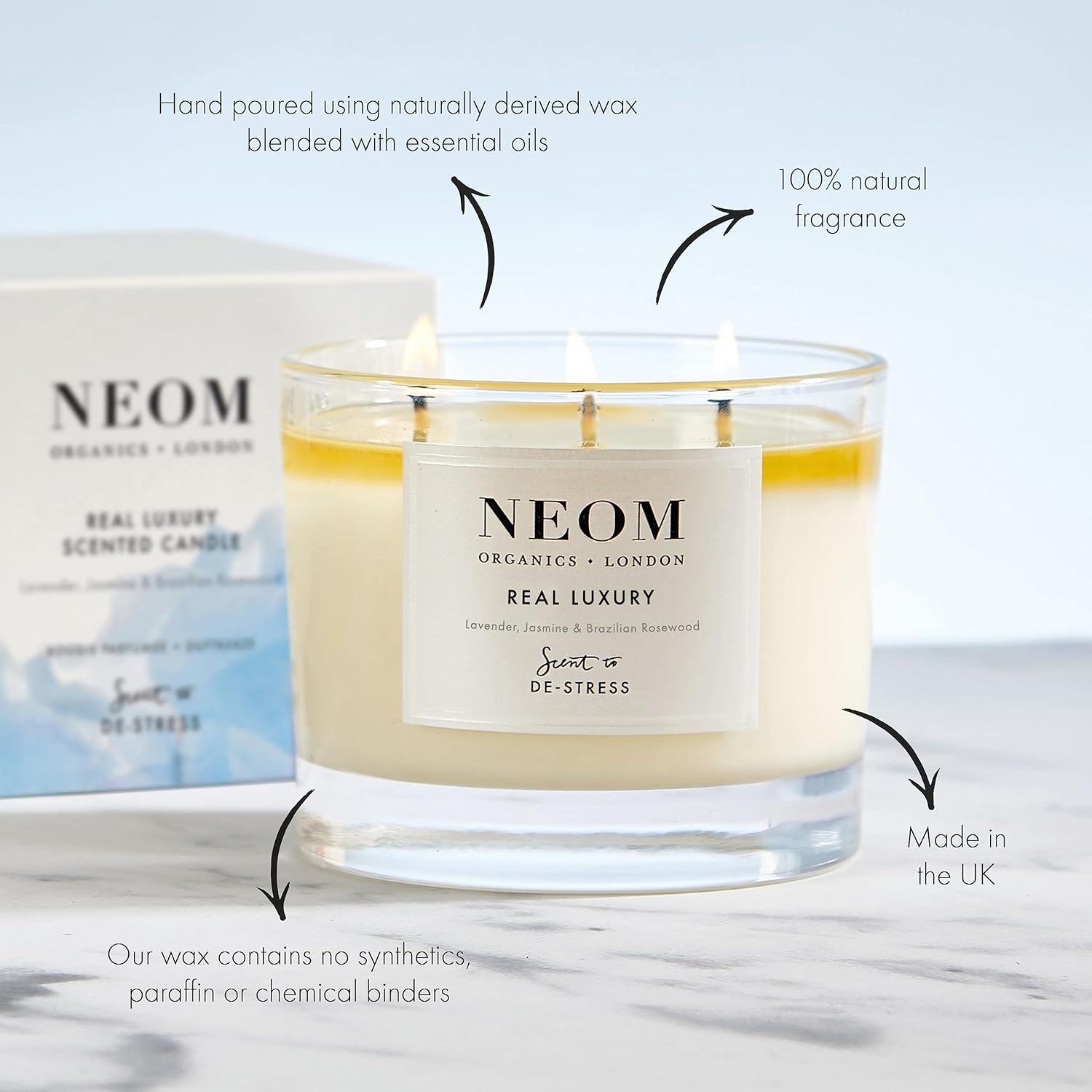 NEOM - Candle, 3 Wick | Lavender, Jasmine & Sandalwood | Scented Candles for Home | Luxury Aromatherapy Candles | Essential Oil Candles | Tranquil & Relax | Signature De-Stress Scent - Image 2
