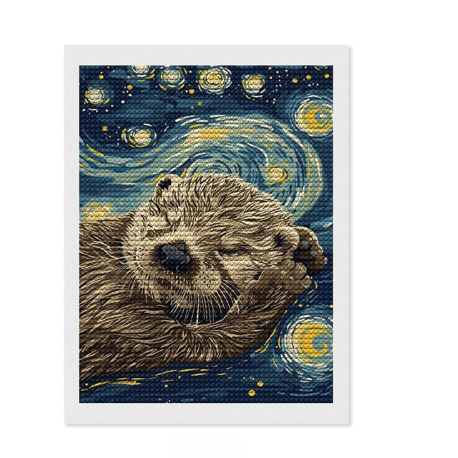Junmoney Otter in Starry Night Style Diamond Art Canvas 12"x16", Neat Printed Canvas, Mindful Craft Activity, Cosy Home Accent, Festive Craft Gift