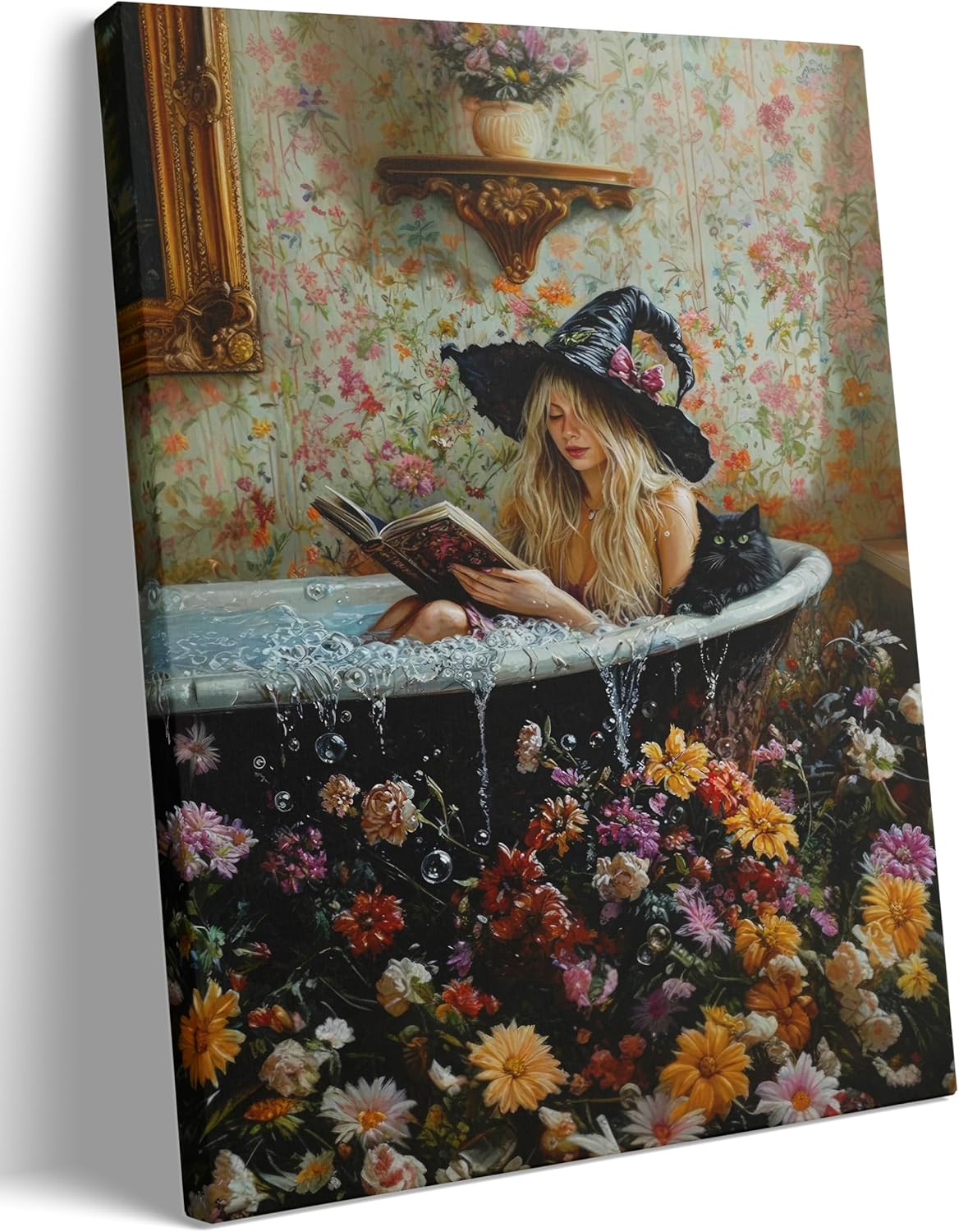 Gothic Witch and Black Cat Canvas Wall Art Vintage Dark Academia Witch in Bathtub Painting Picture Wall Decor Halloween Magical Witch Poster Print Artwork for Living Room Bathroom Home Decoration