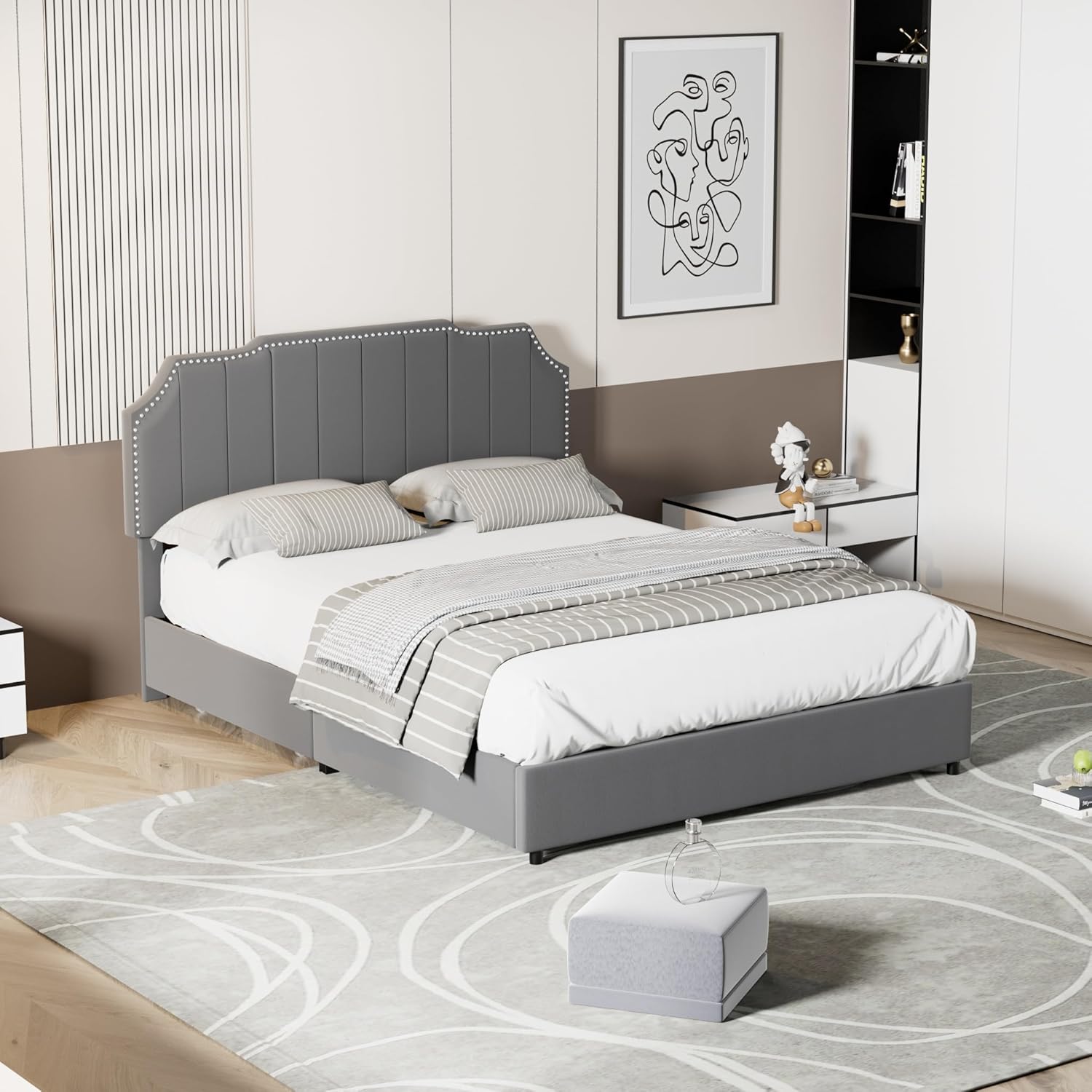 VECELO Full Bed Frame Upholstered Platform with 4 Drawers & Tufted Adjustable Headboard/Mattress Foundation/Wood Slat Support,Easy Assembly,Dark Grey