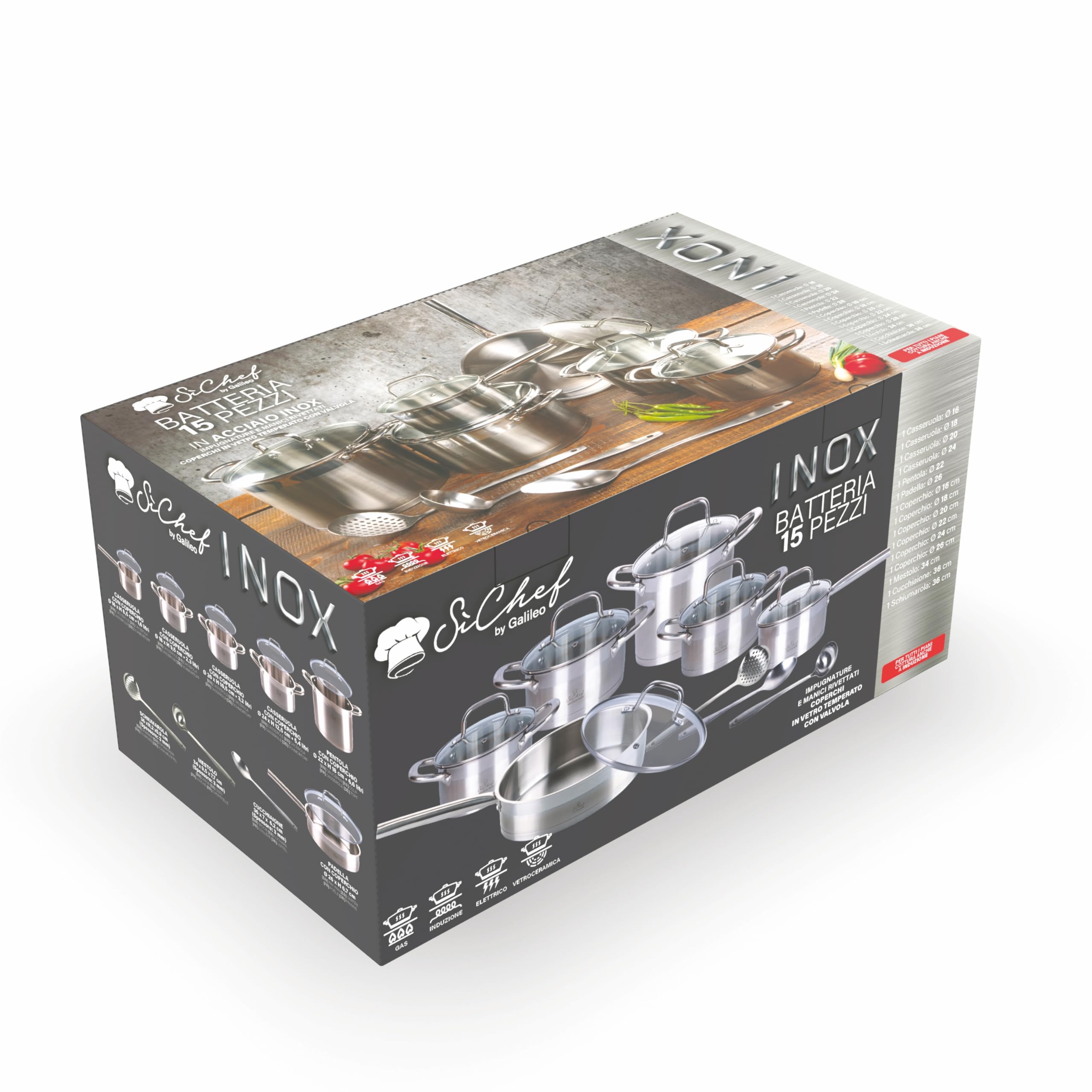 Batteria 15 pezzi, in acciaio inox 18/0, induzione, Inox SìChef