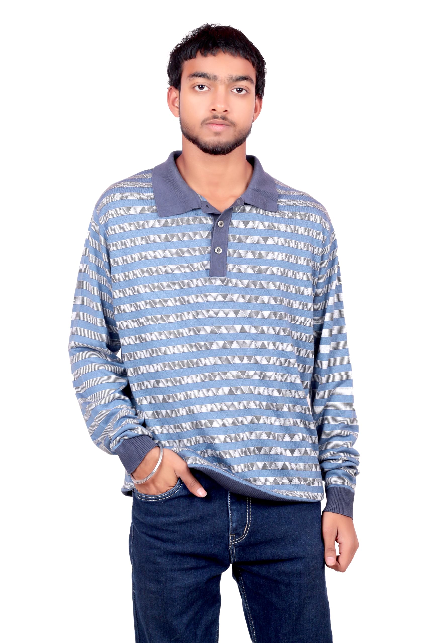 Men's Striped Polo Neck Sweater, Long Sleeve, Blue and White, Casual Knit Top-image-49