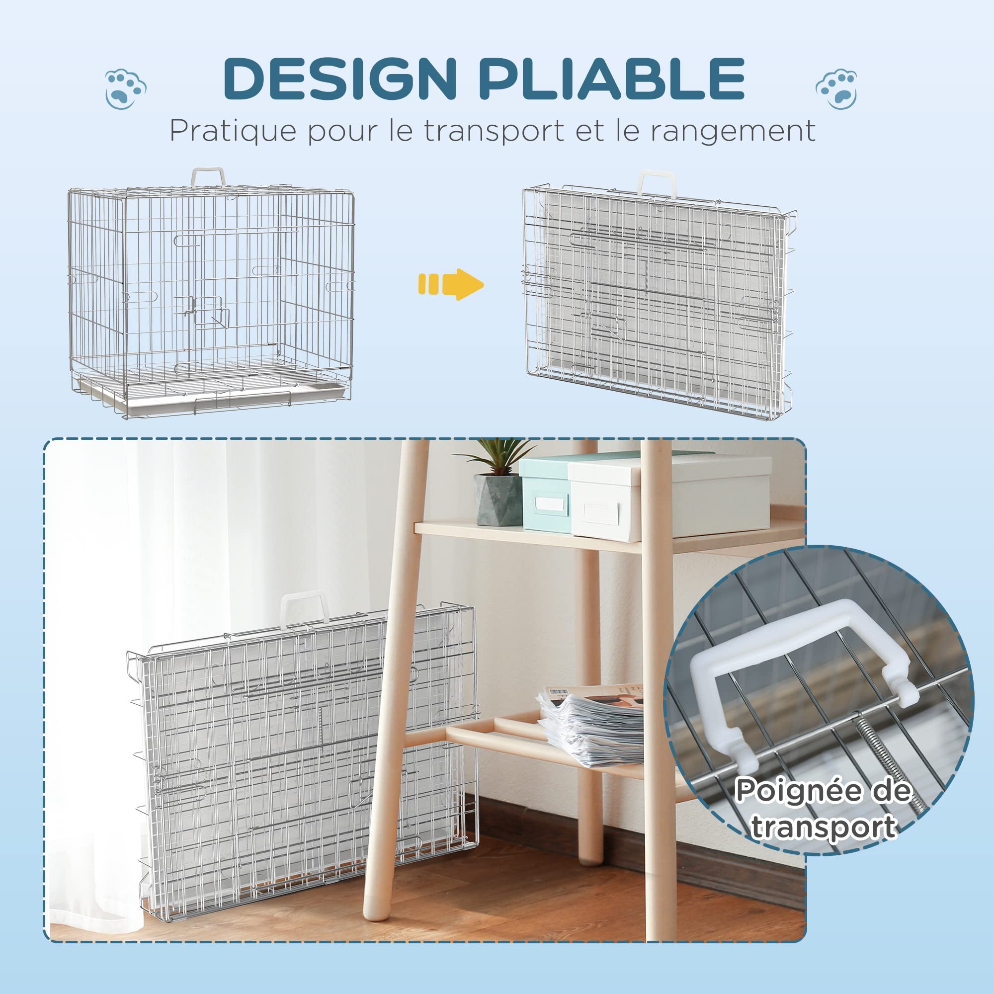 PawHut Cage pour Chien Pliable en Fil métallique avec Plateau Amovible, 1 Porte avec Serrure - 61 x 43 x 50 cm Blanc