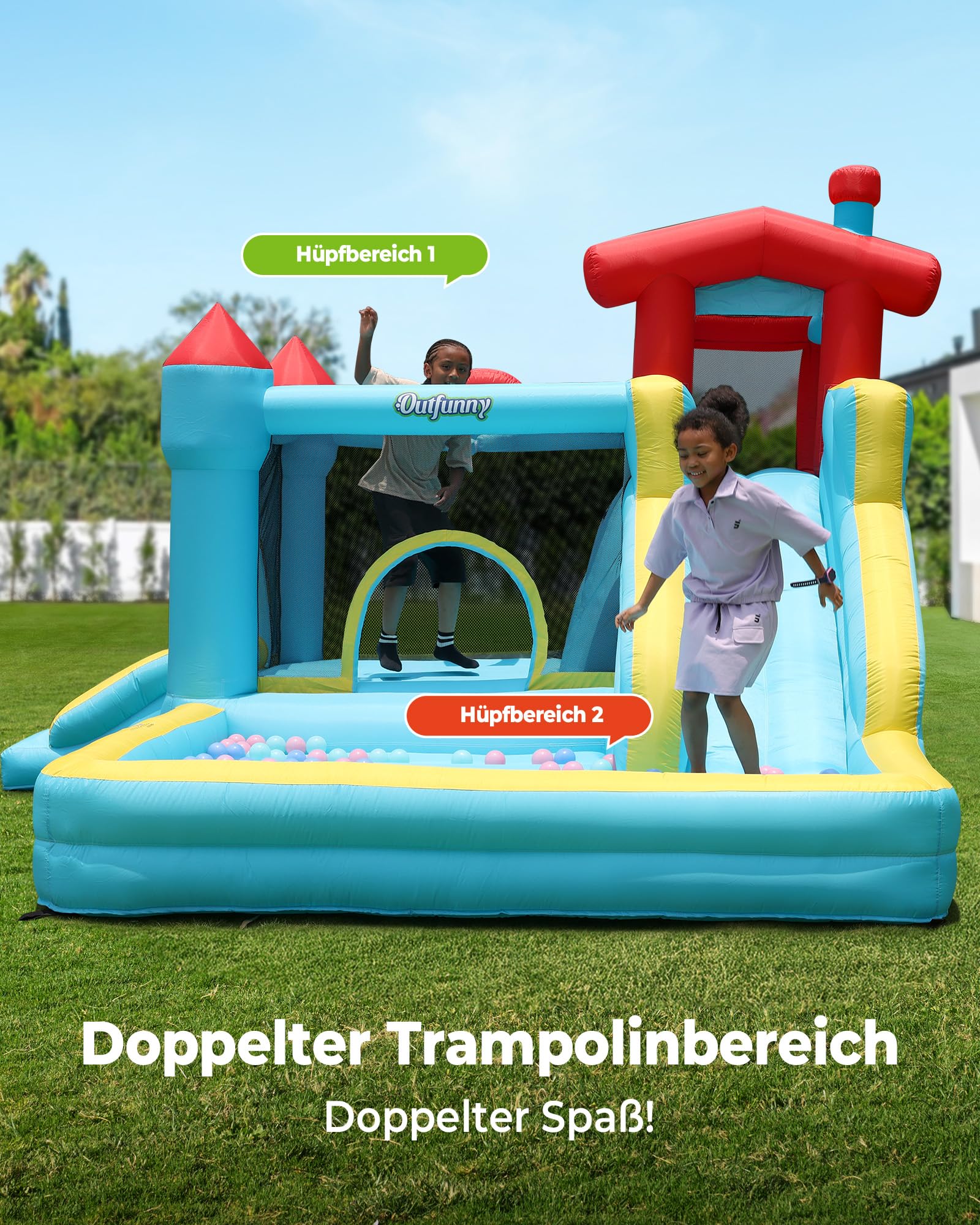 Outfunny Hüpfburg groß für Kinder, Aufblasbare Hüpfburg Indoor & Outdoor mit Gebläse 450W, Rutsche - Blau