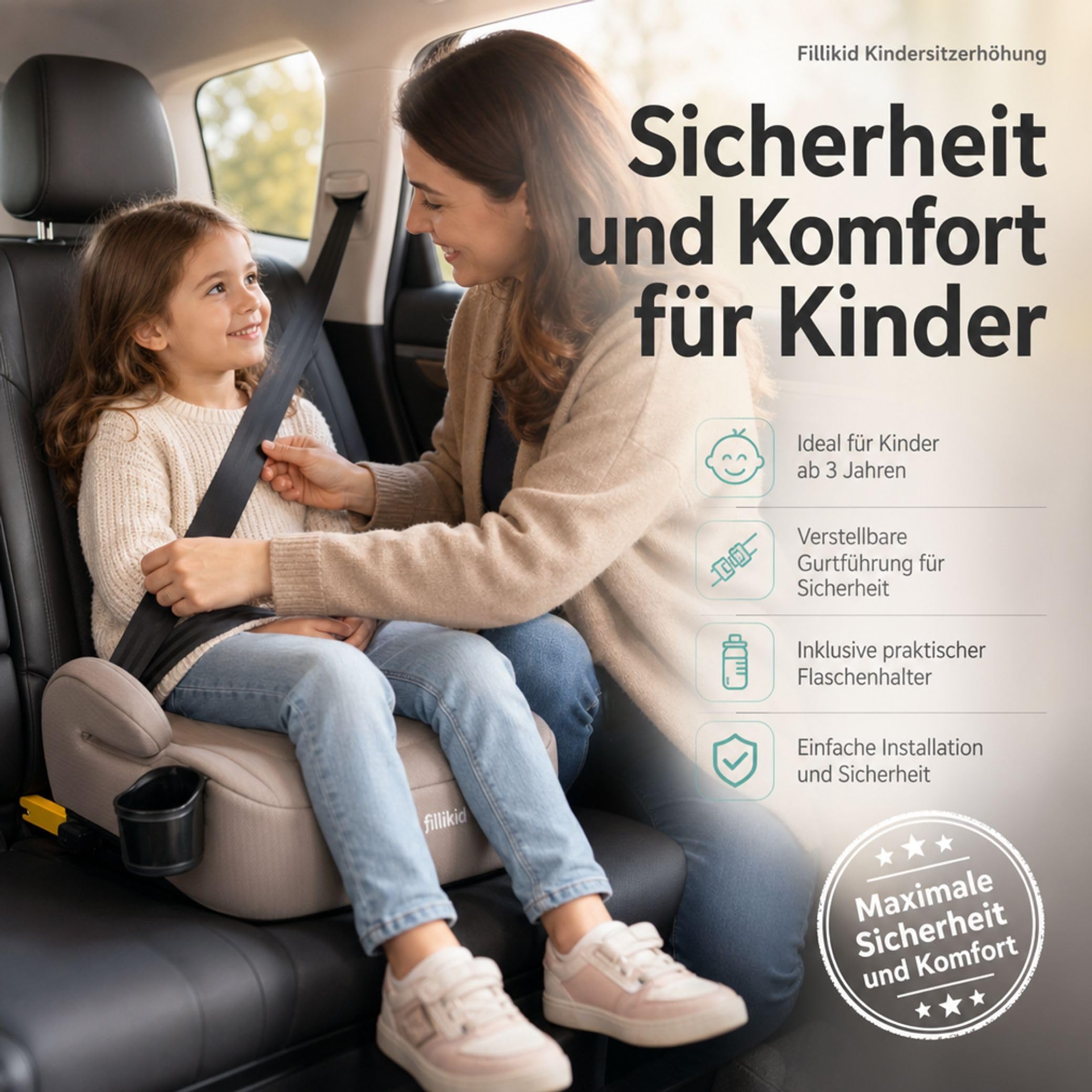 Fillikid Kindersitzerhöhung ohne Isofix, Autositzkissen für Kinder 125-150 cm 22-36 kg 6-12 Jahre