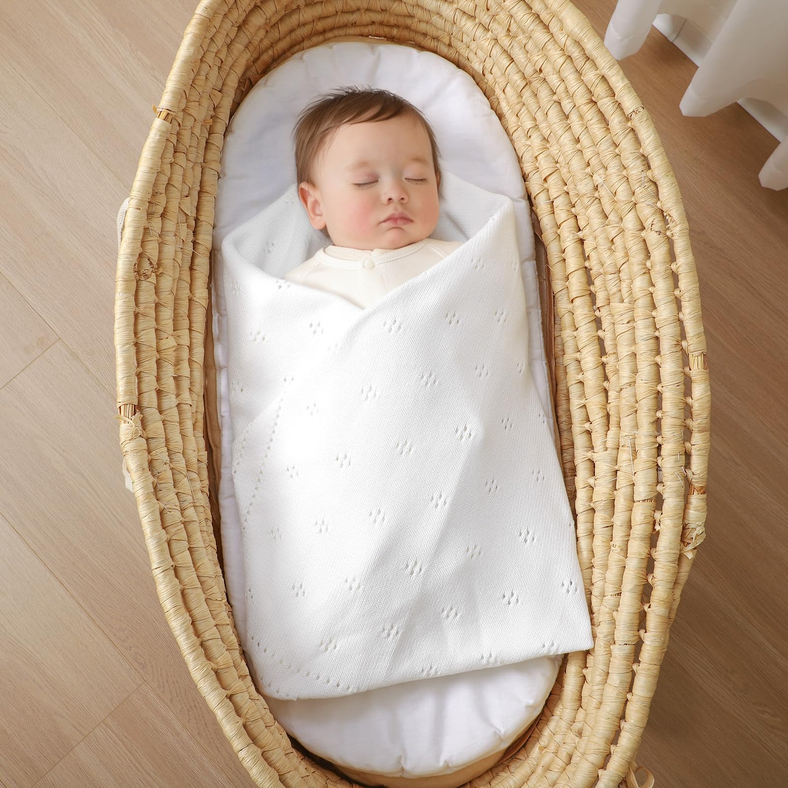 DovFanny 100% Cotton Baby Blanket Knitted Soft Crochet Cellular Blankets for Newborn Boy Girls Toddler with the lovely Edging (White) - Image 2