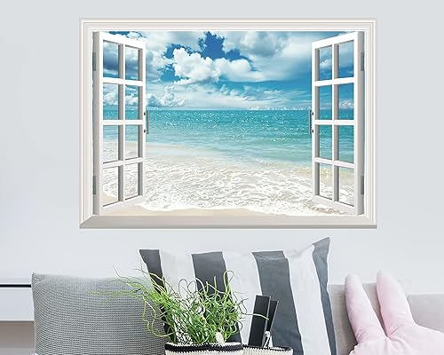 Miniatura 10 de FLFK Adhesivo de pared falso para ventana, mural de pared para ventana de playa y puesta de sol para decoración de pared, calcomanías de pared para