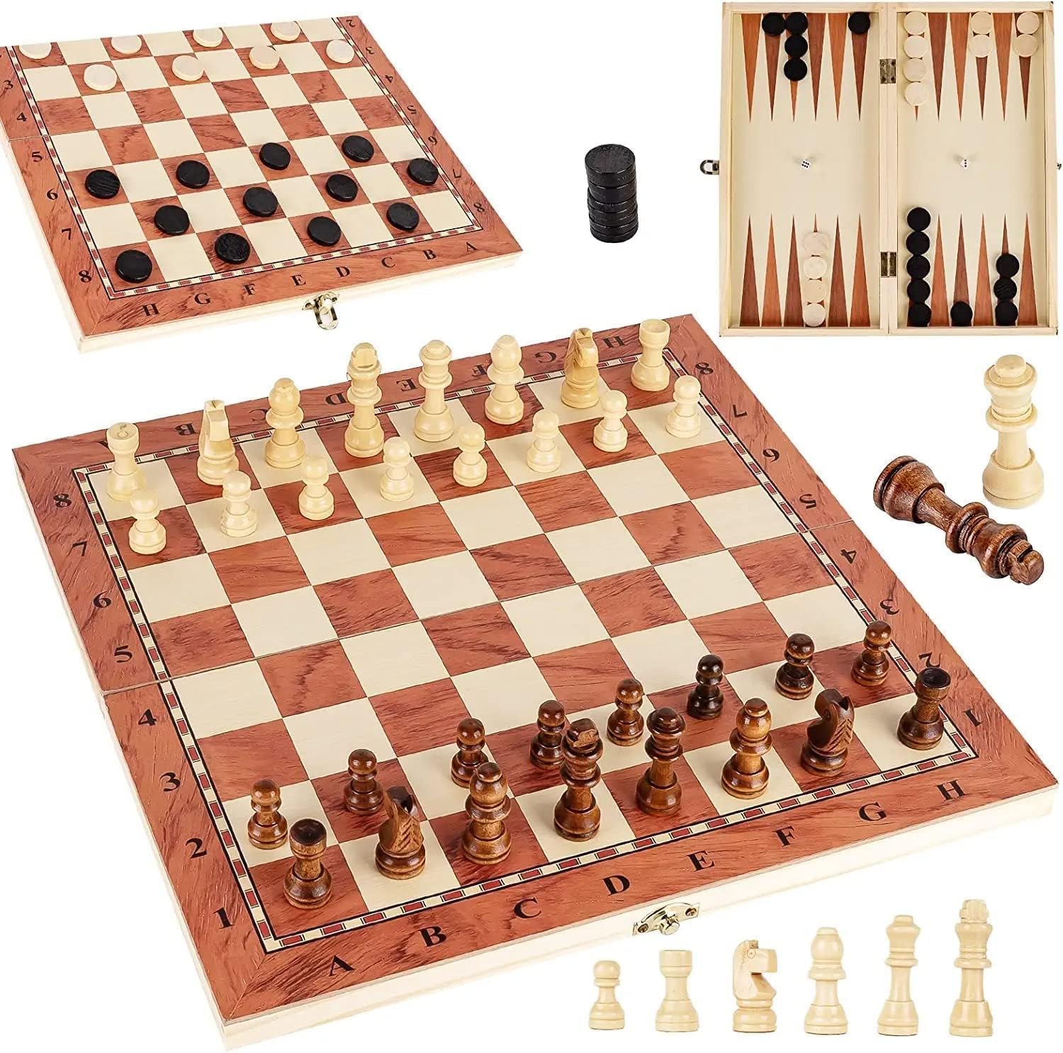 Kartique Juego de tablero de madera 3 en 1 de ajedrez, damas y backgammon tamaño 15 x 15 pulgadas