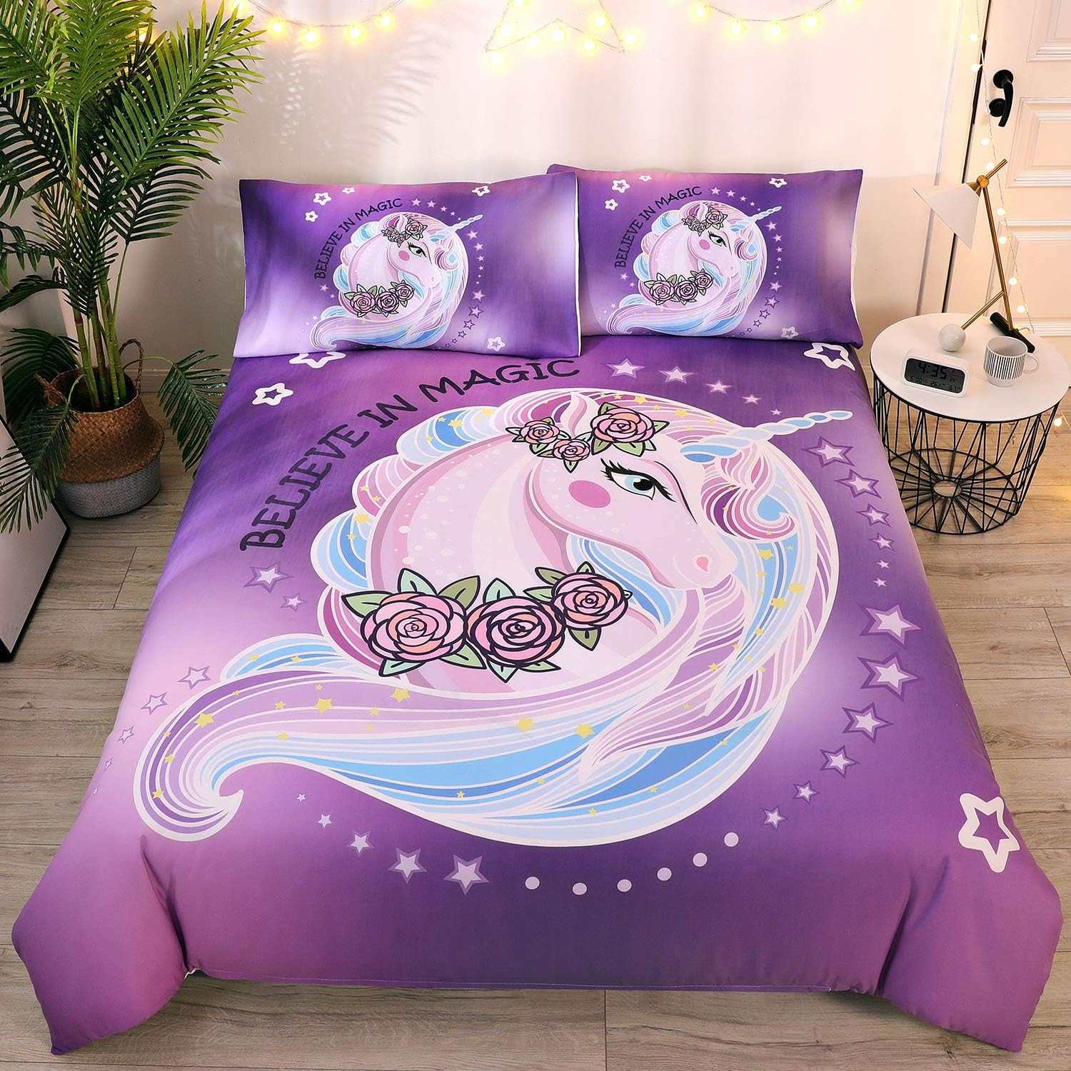 DEERHOME Purple Unicorn Bedding Sets Kids Girls Rose Unicorn Flower Duvet Cover Sets