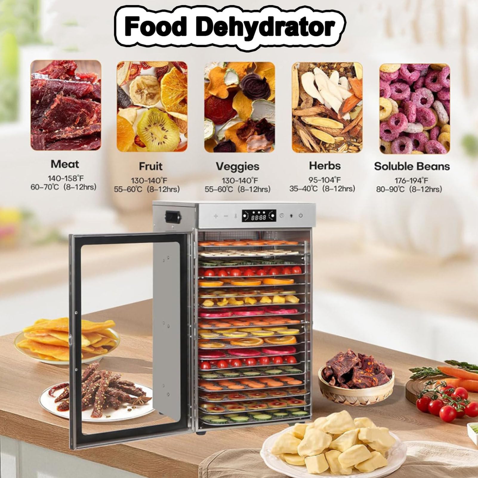 Essiccatori per alimenti Macchina per essiccazione a congelamento per carne secca, essiccatore elettrico per frutta da banco, essiccatore per erbe aromatiche, essiccatore in acciaio,12Layer