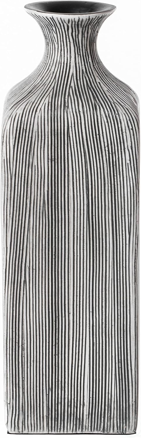 8 inch Tall Grey Striped Square Table Centerpiece Flower Vase Display Modern Home Decor Accent Stylish Elegant Ornamental Accessory Floral Arrangement Holder Living Room Dining Room Kitchen Decoration