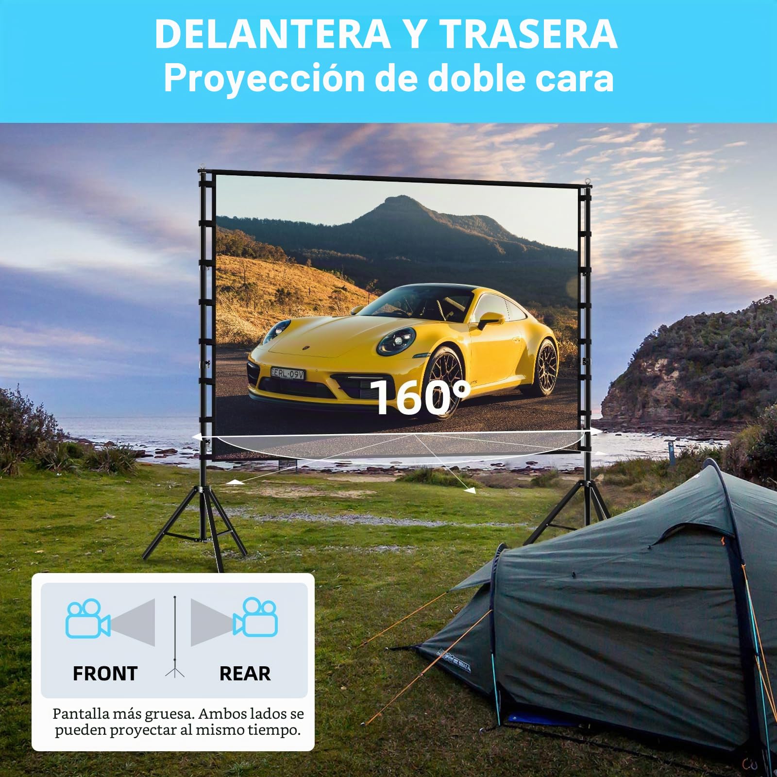 TOWOND Pantalla de proyector y soporte, pantalla de proyector de 180 pulgadas para exteriores, pantalla de proyección frontal trasera HD 16:9 con bolsa de transporte, soportes gruesos sin arrugas