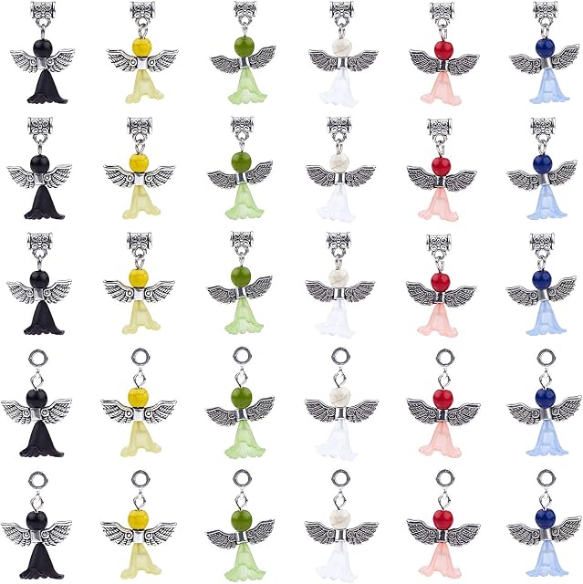 SUNNYCLUE 30Pcs Angel Charms Bulk Mixed Wedding Dress Wings Acrylic Beads Gemstone Healing Chakra Pendants for Jewelry Making and Crafting, Mixed Color
