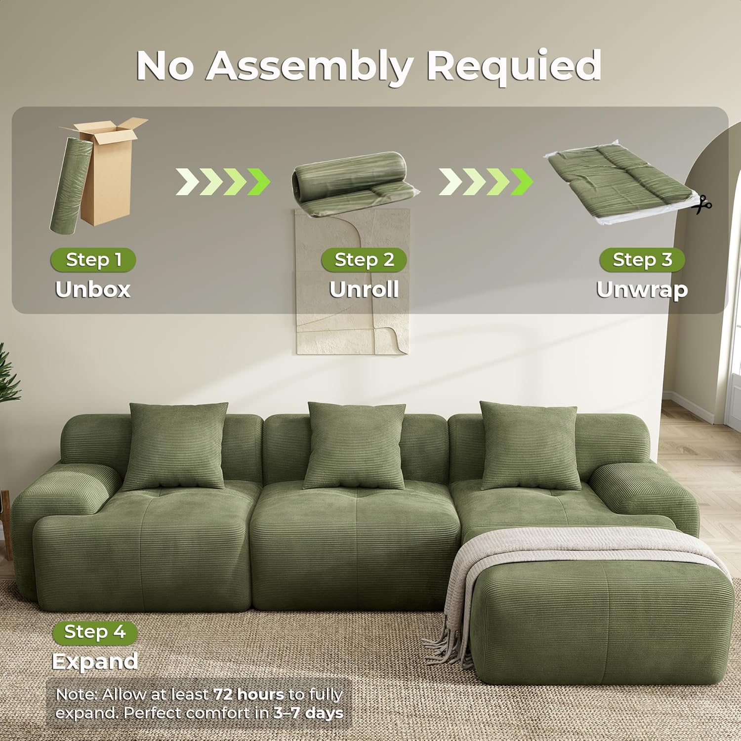 Step-by-step unboxing and expansion process for the LIKIMIO modular sofa