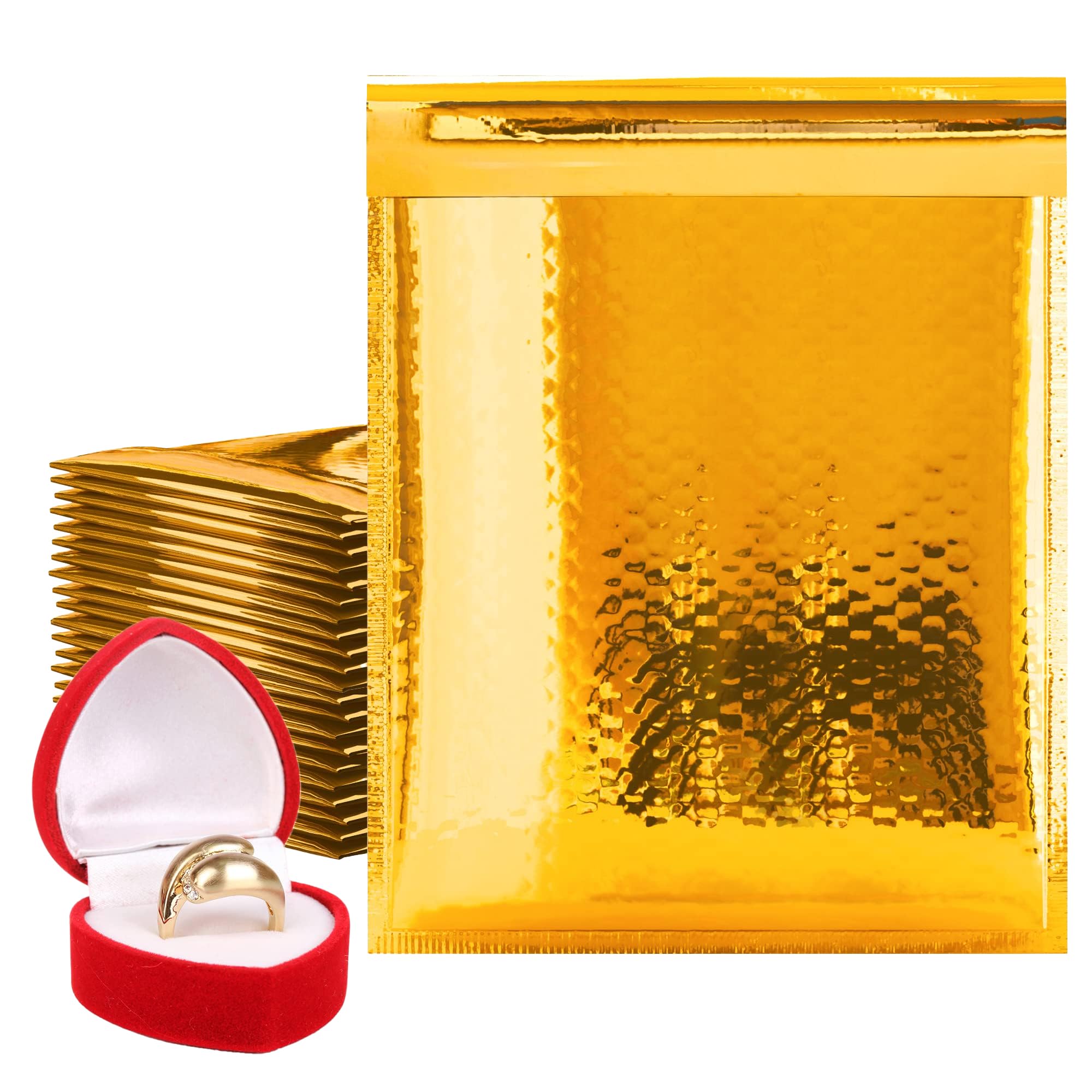 Amiff Gold Metallic Bubble Mailers, 7.25 x 11 Inches. 25 Pack Metallic Padded Bubble Mailers. Waterproof Padded Envelopes Metallic. Bright Foil