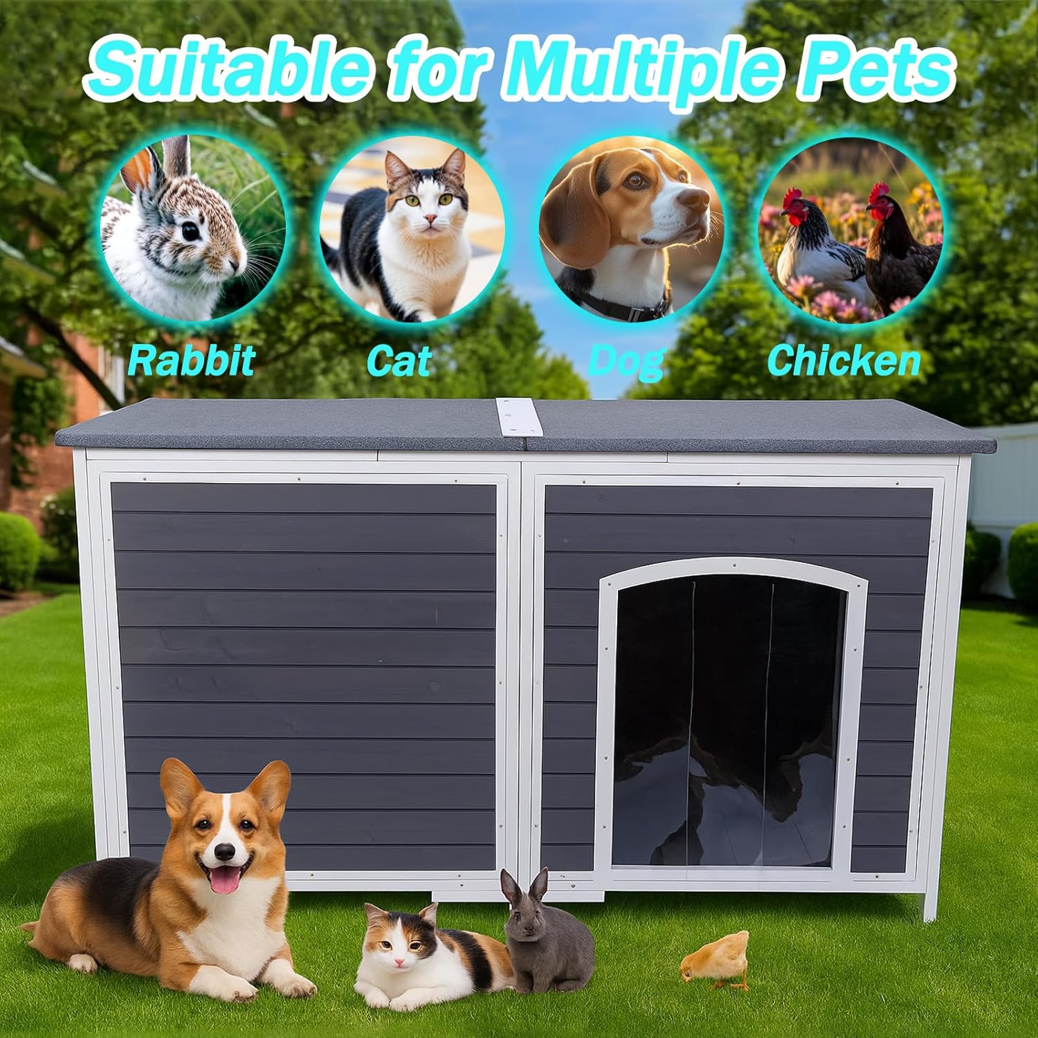 Geguri All-Weather Dog House for Medium to Large Dogs | Weatherproof Asphalt Roof, Chew-Proof Frame, Reinforced Floor Design & Elevated Base, Extra Large (Grey, 59.1" L × 34.3" W × 34.6" H)