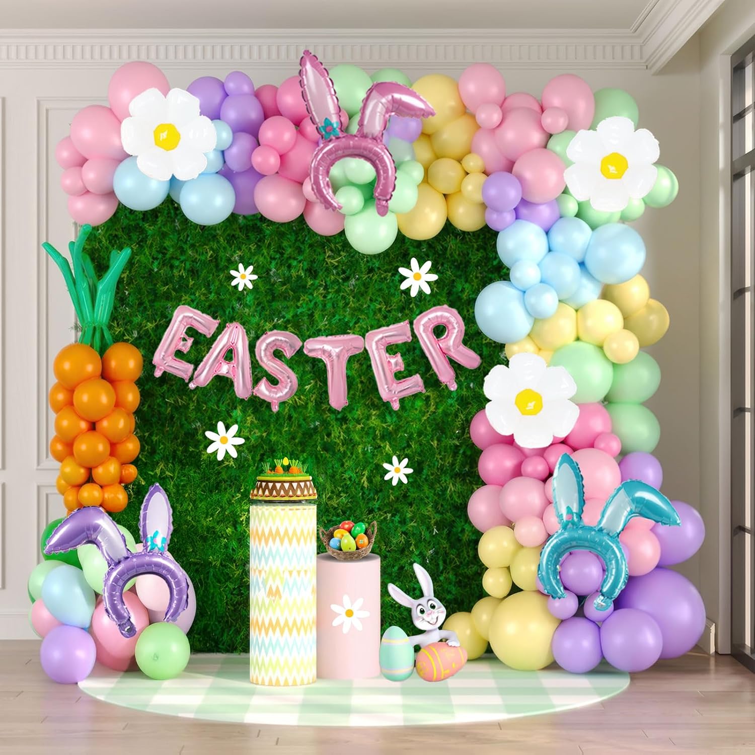 Easter balloon garland arch kit with polka dot Easter daisy bunny carrot head hoop Pastel letter foil balloons for spring big resurrection day he is risen birthday baby shower party decorations