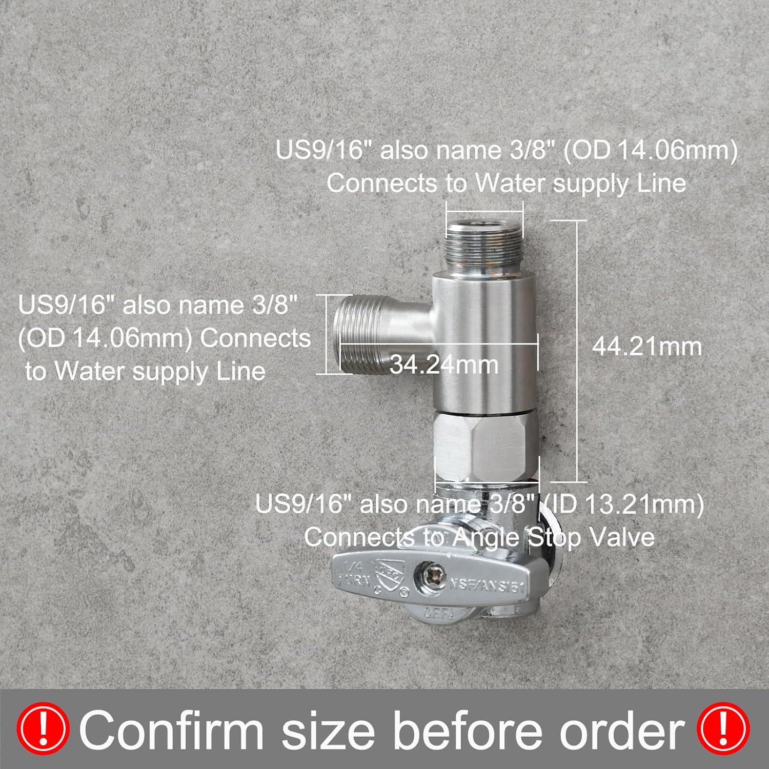 Tecmolog 2 PCS 3/8" Tee Fittings Water Line Splitters Stainless Steel Angle Stop Add-A-Tee Valve Brushed Nickel, SBA020C-2