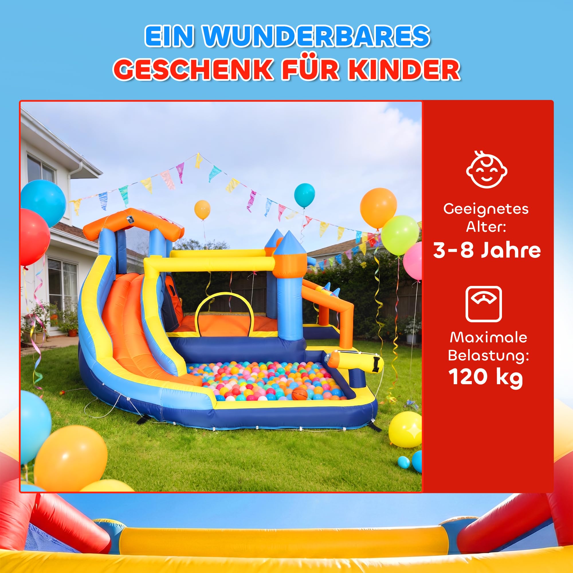 AIYAPLAY Hüpfburg mit Gebläse 8-in-1 aufblasbare Wasserpark mit Wasserrutsche Planschbecken Trampolin Kletterwand Basketballkorb Springburg für 4 Kinder von 3–8 Jahren für Indoor Outdoor 350x325x210cm
