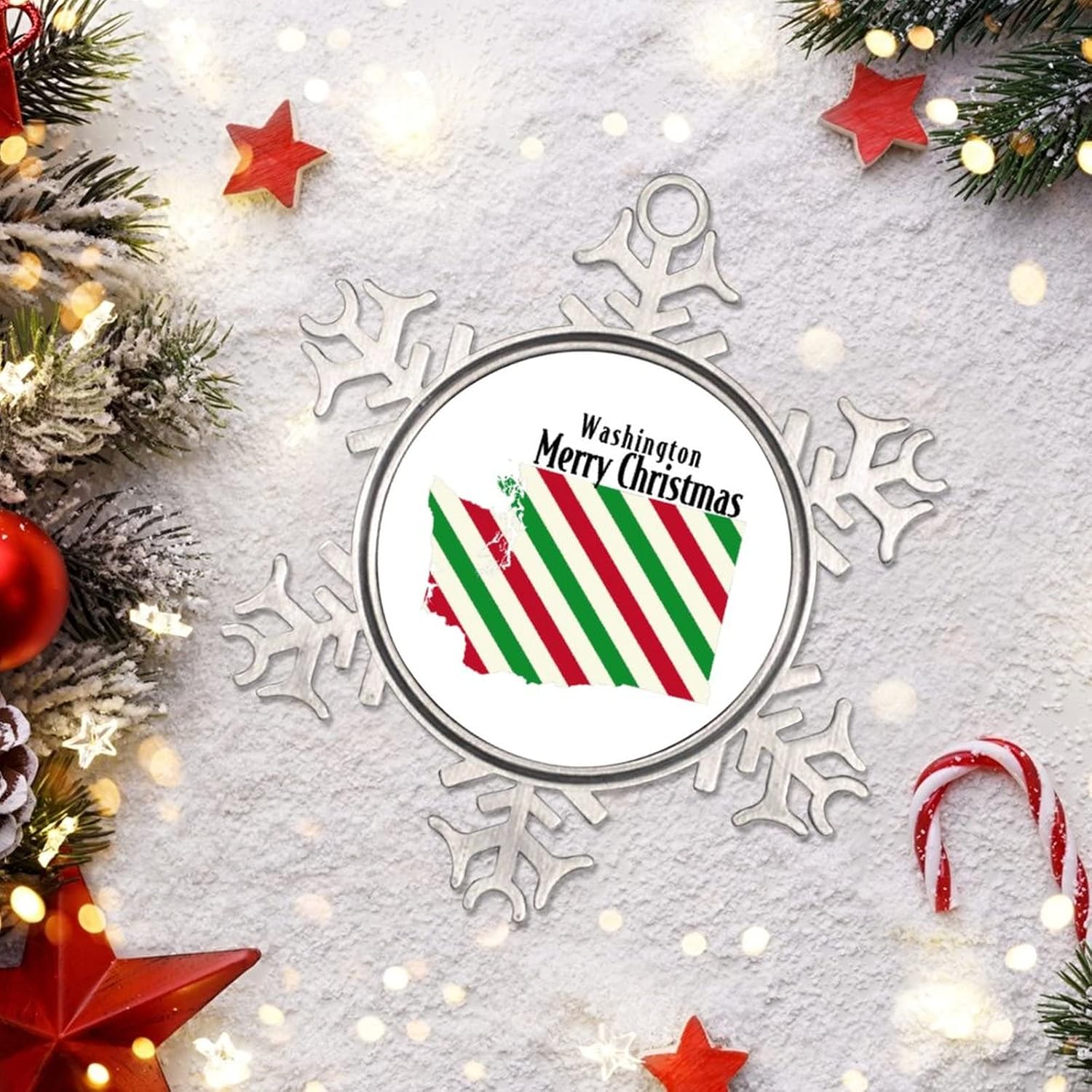 Snowflake Ornaments Washington Home State Personalized Christmas Ornaments 2022 Merry Christmas Ornament for Christmas Tree Decor Metal Souvenir Xmas Tree Hang Pendant Long Distance Gift 3 Inch