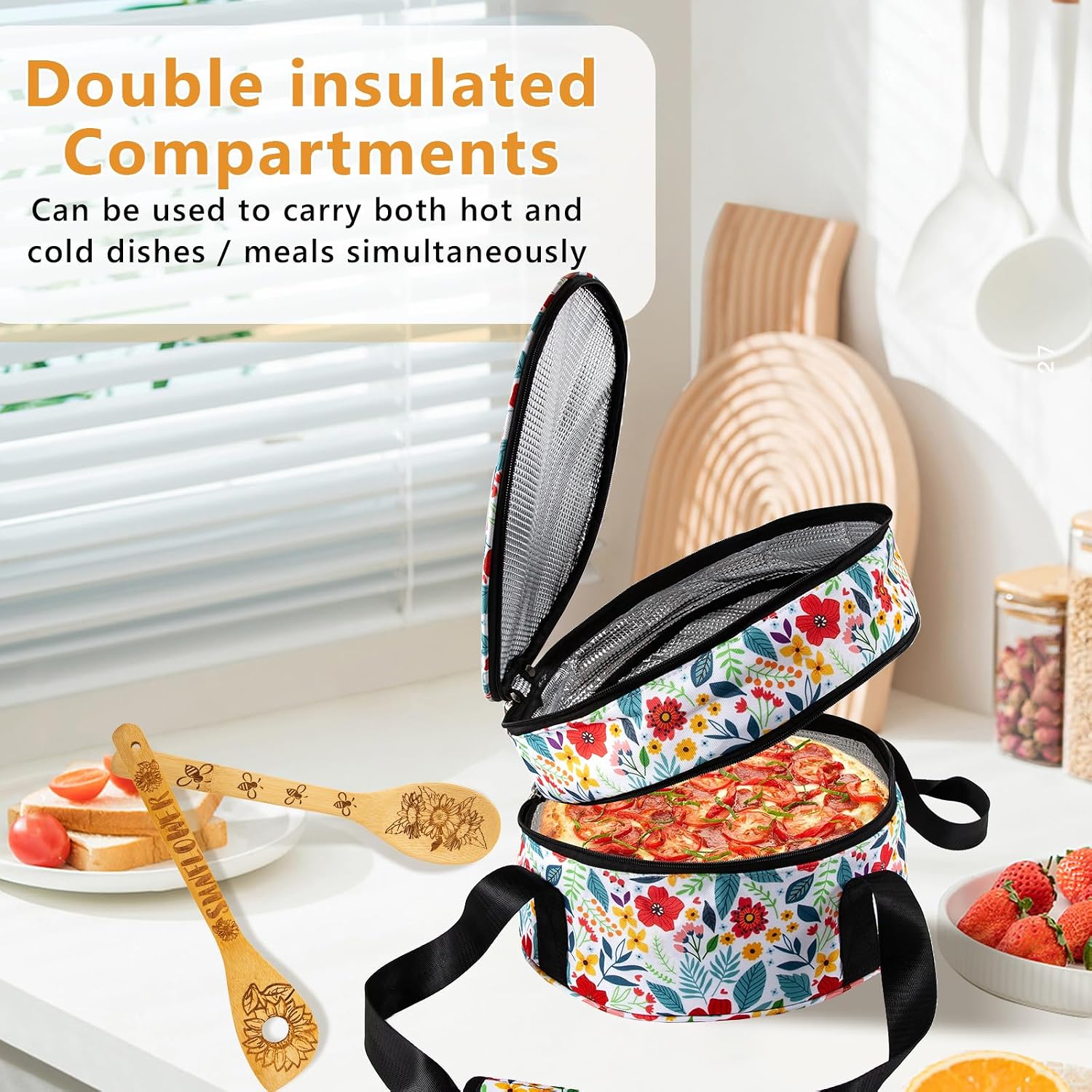 Casserole Carrier &5Pcs Sunflower Wooden Cooking Spoons Set,12.5" Pie Carrier,2 Compartments Insulated Pie Carrier with Lid and Handle,Pie Carrying Case,Kitchen Baking Spoon Kitchen Gift Set