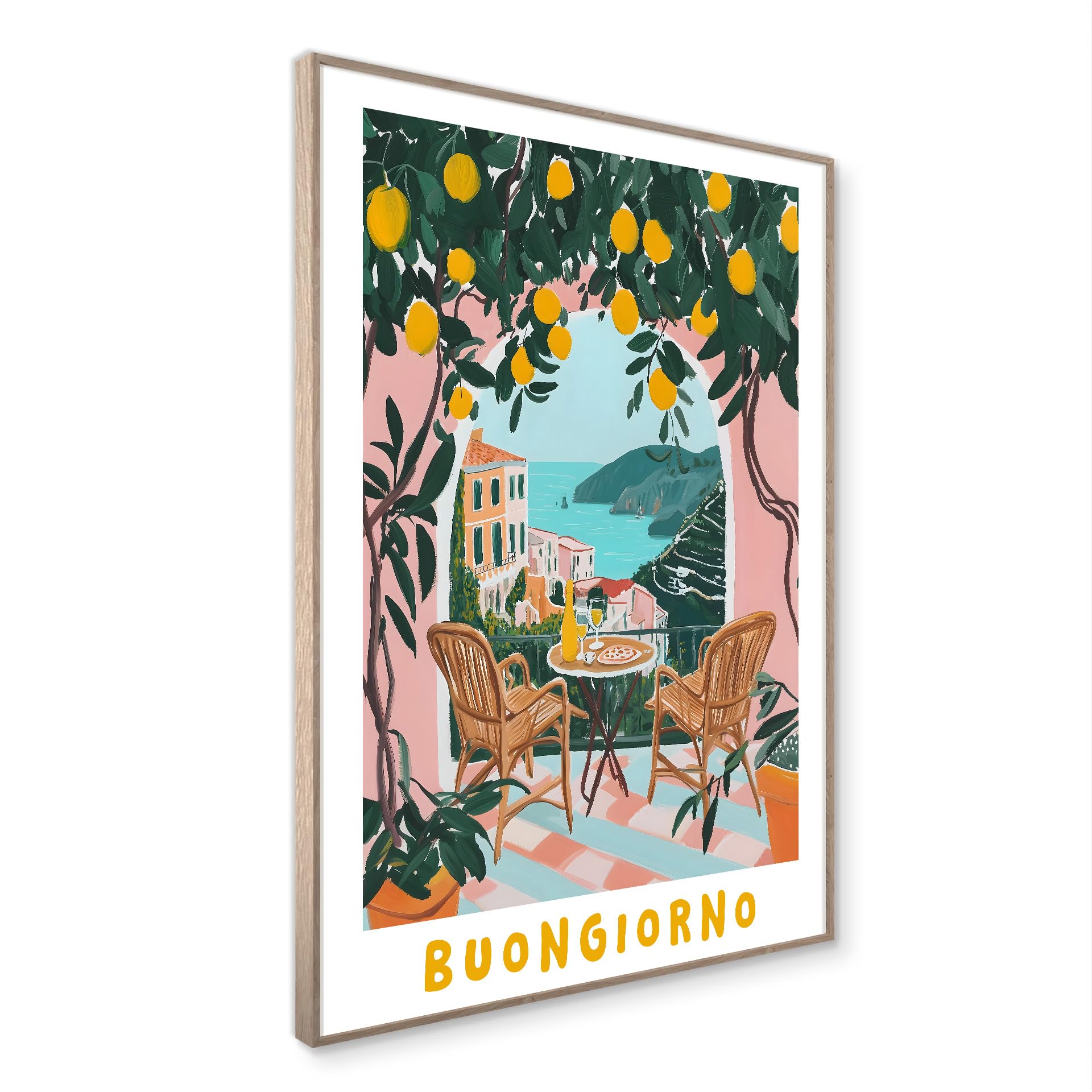 STYLER Bild Buongiorno 50x70 cm mit Holzrahmen – Italienisches Balkon-Motiv mit Zitronen – Lebendig Modern Minimalistisch Wandbild Deko