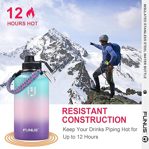 Miniatura 6 de FUNUS Botella de agua aislada de 64 onzas (2 tapas) de acero inoxidable al vacío con asa, tapa superior abatible y cuerda de paracaídas, sin BPA,