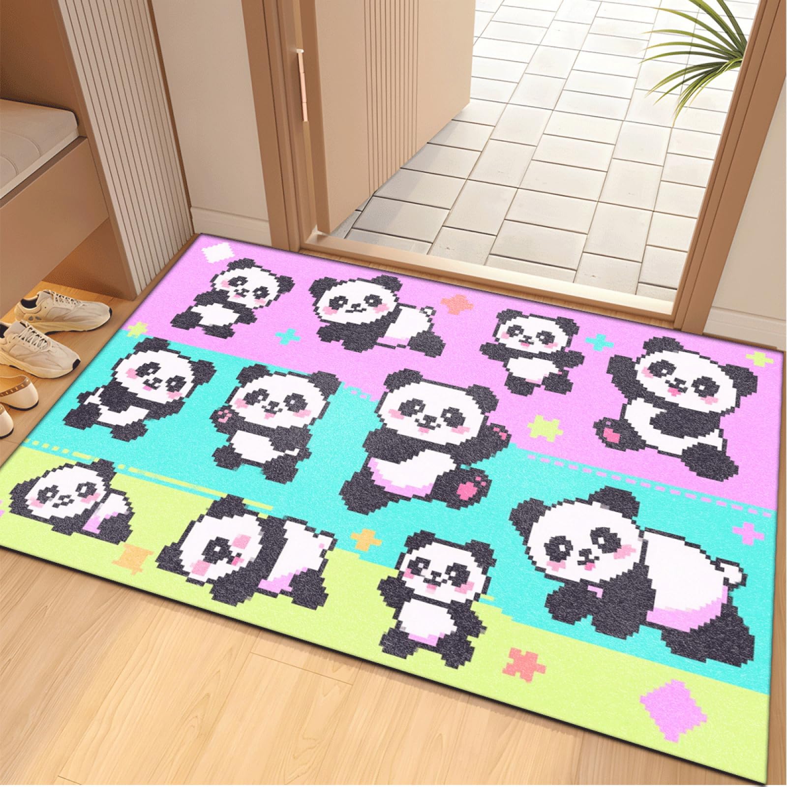 Paillasson Exterieur Entree Panda Rose Vert Tapis Entree Interieur Facile à Nettoyer Paillasson Interieur Antidérapant Lavable en Machine pour Chambre Cuisine Couloir 60x90 cm