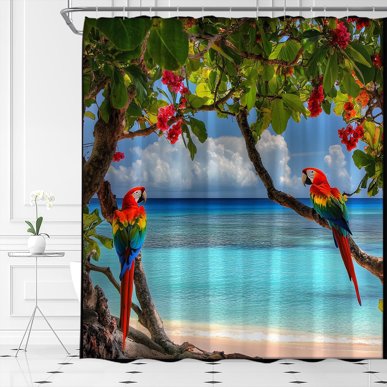 Parrot Shower Curtain Summer Palm Tree Tropical Bird Ocean Beach Blue Sky Nature LandscapePolyester Fabric Bathroom Decor Set with Hooks(84" Wx70 H)