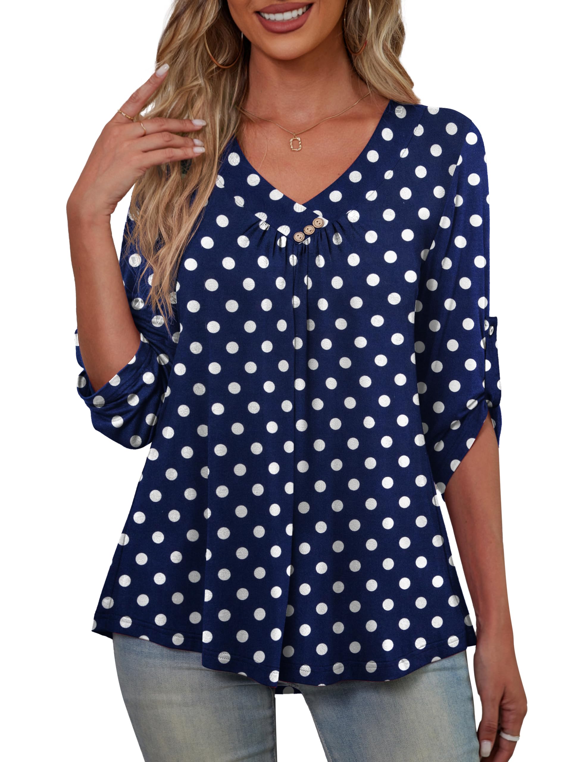 FOLUNSIWomens Plus Size 3/4 Roll Sleeve Blouses V Neck Casual Tunic Tops