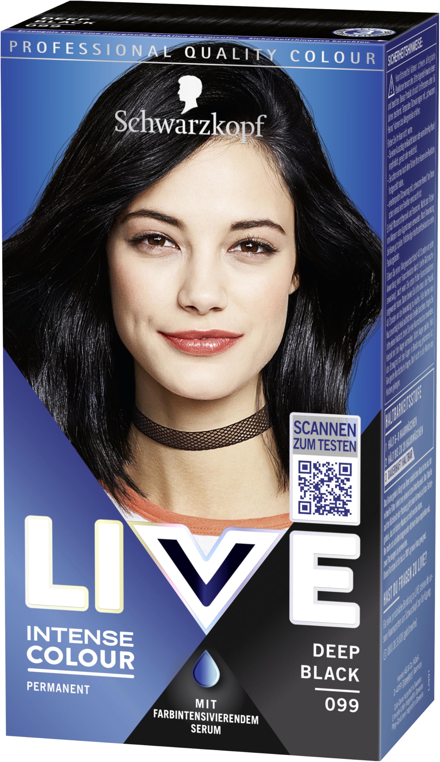 Schwarzkopf LIVE Intense Colour farba do włosów 99 Deep Black (3 x 142,5 ml), trwała koloryzacja z intensywnym koloryzacją, trwała farba do włosów dla idealnego pokrycia siwych włosów