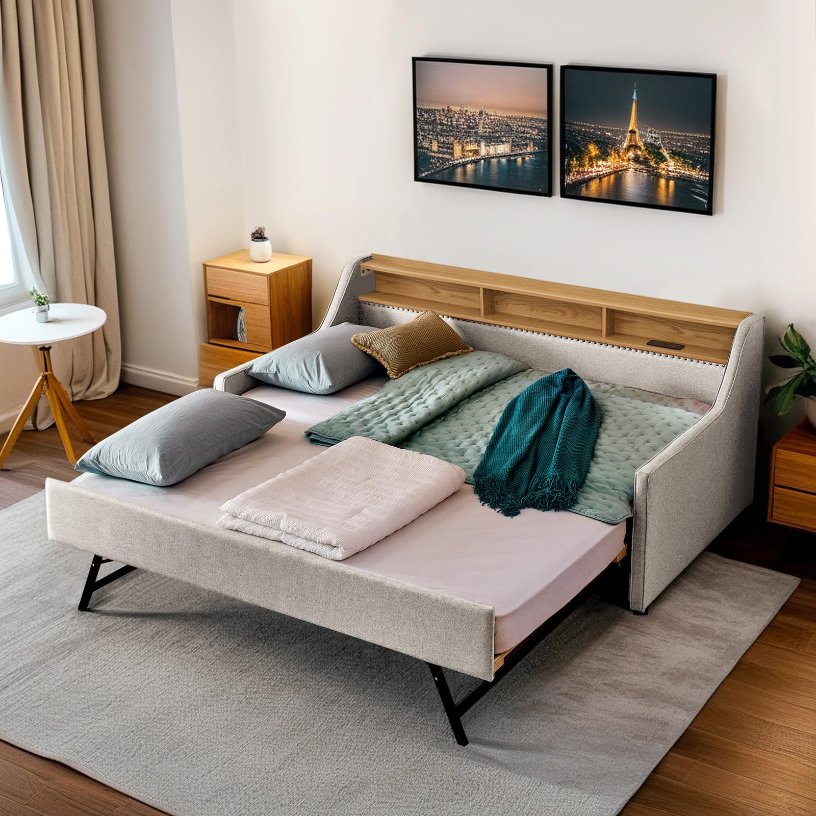 Twin Daybed w/Pop Up Trundle & Wireless Charger, Upholstered Sofa Day Bed Frame w/LED/USB/Type C/Storage Headboard, Twin to King Trundle Bed for