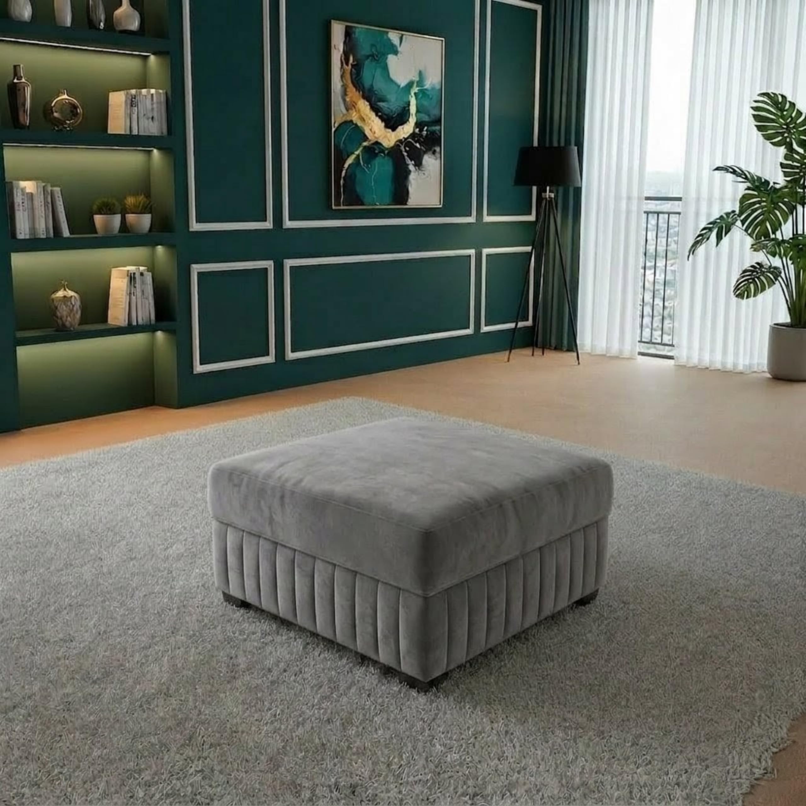 Modern Velvet Ottoman Foot Rest Stool, Square Upholstered Ottoman with Channel Tufted Design, Multi-Purpose Footstool for Living Room, Bedroom & Lounge (Grey)-image-18