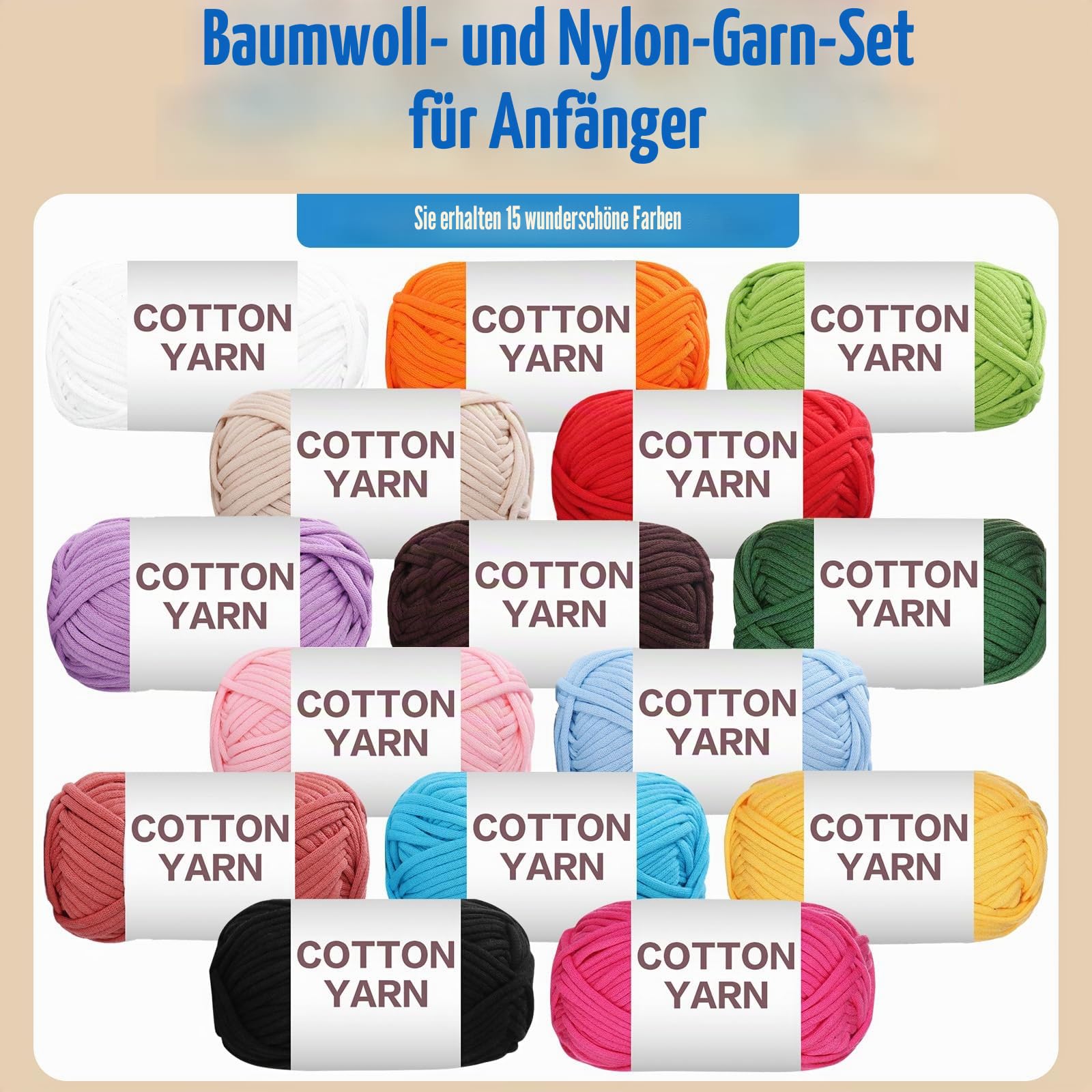15 × 50 g Anfängergarn-Set zum Häkeln und Stricken, Baumwoll-Nylon-Mischgarn für Handarbeiten, Taschen, Korbpuppen und Kissen A