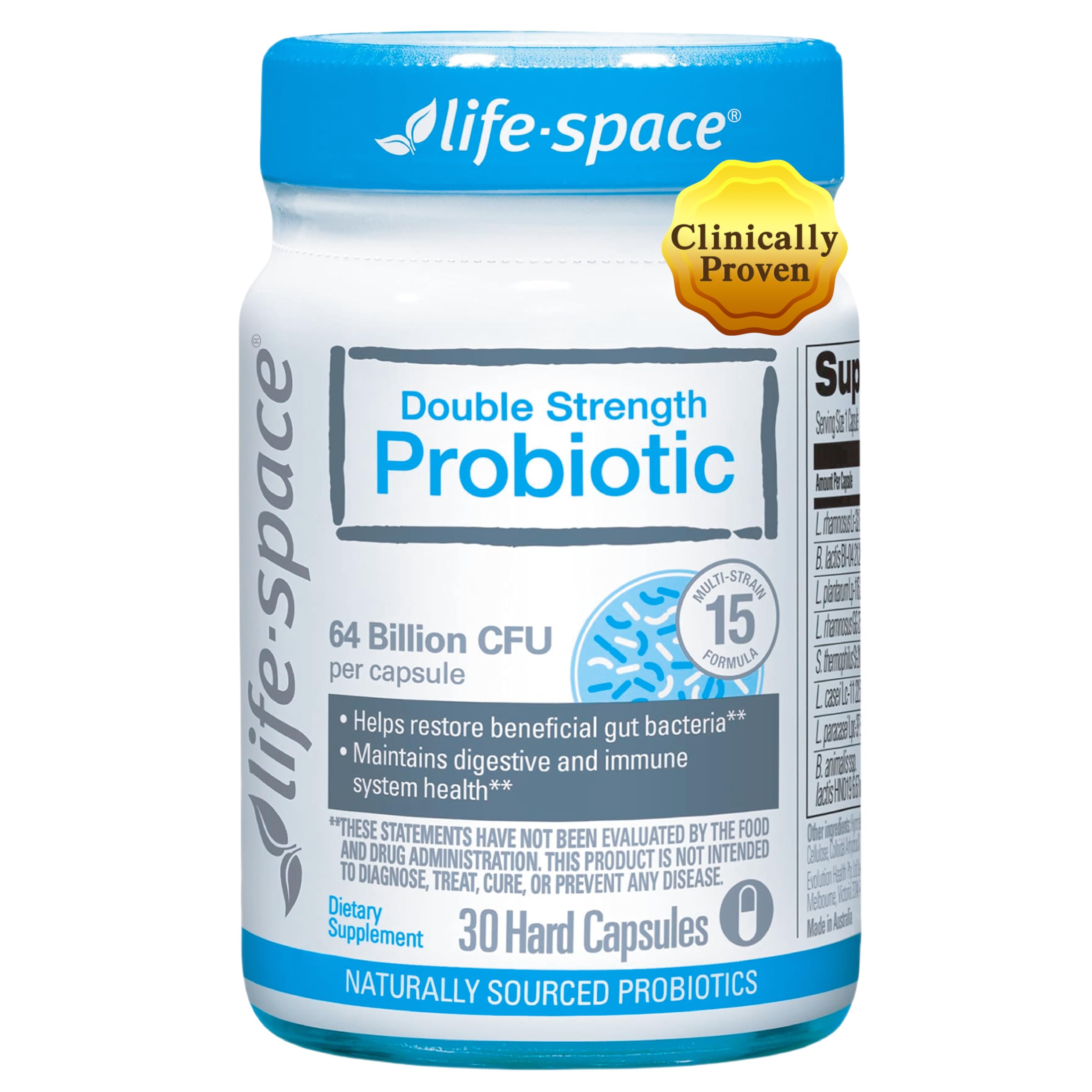 Life-Space Double Strength Broad Spectrum Probiotic, 64 Billion CFU & 15 Diverse Strains, Redouble Formulated for Digestive Health & Immune Health, Probiotics for Women & Men - 30 Veg Capsules